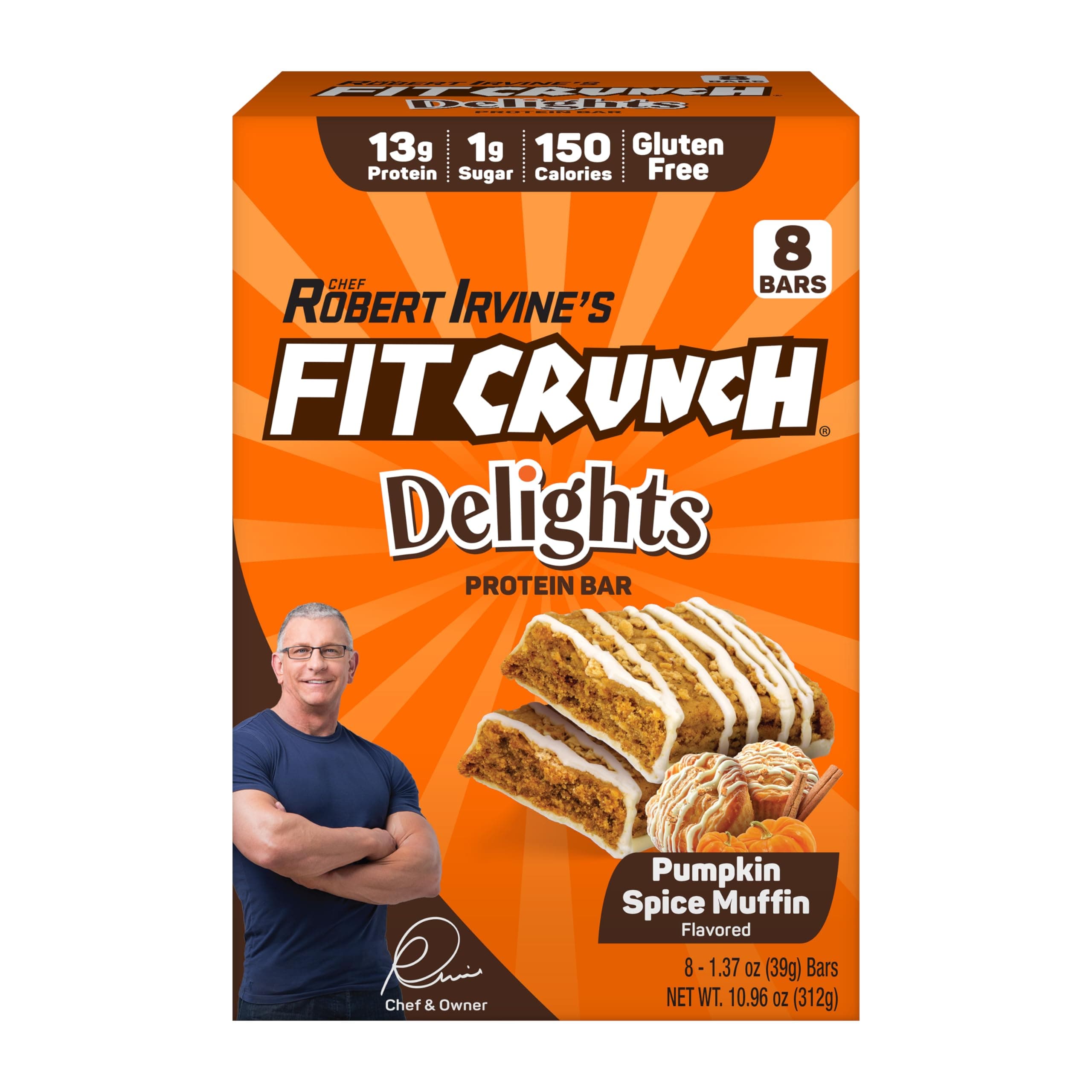 FITCRUNCH Delights Protein Bar, 13g of Protein & 1g of Sugar (8 Bars, Pumpkin Spice Muffin)