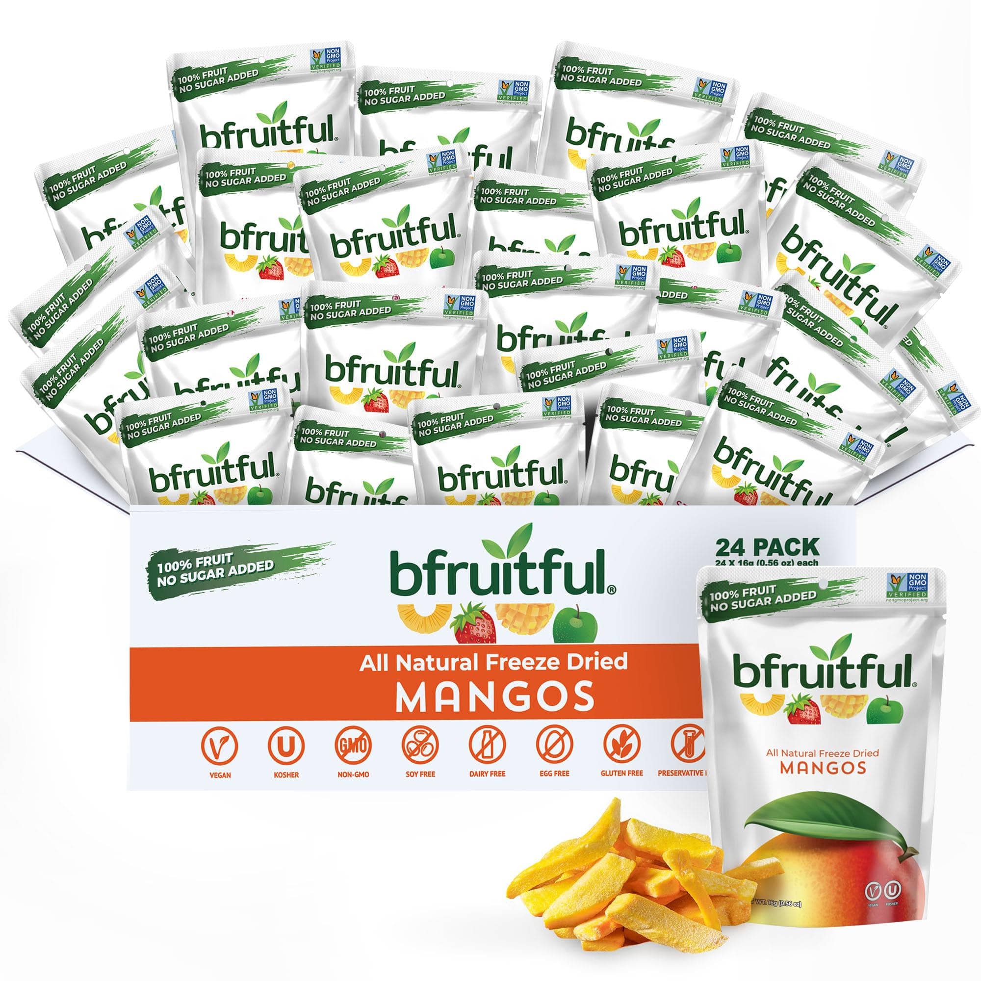 bfruitful Freeze-Dried Mango, Freeze Dried Fresh Fruit Bites, Gluten Free, Vegan, Dairy Free, Kosher, No Sugar Added, Non GMO, Healthy Snacks for Kids or Adults, 0.56 oz Single-Serve Snack Packets, 24 Pack