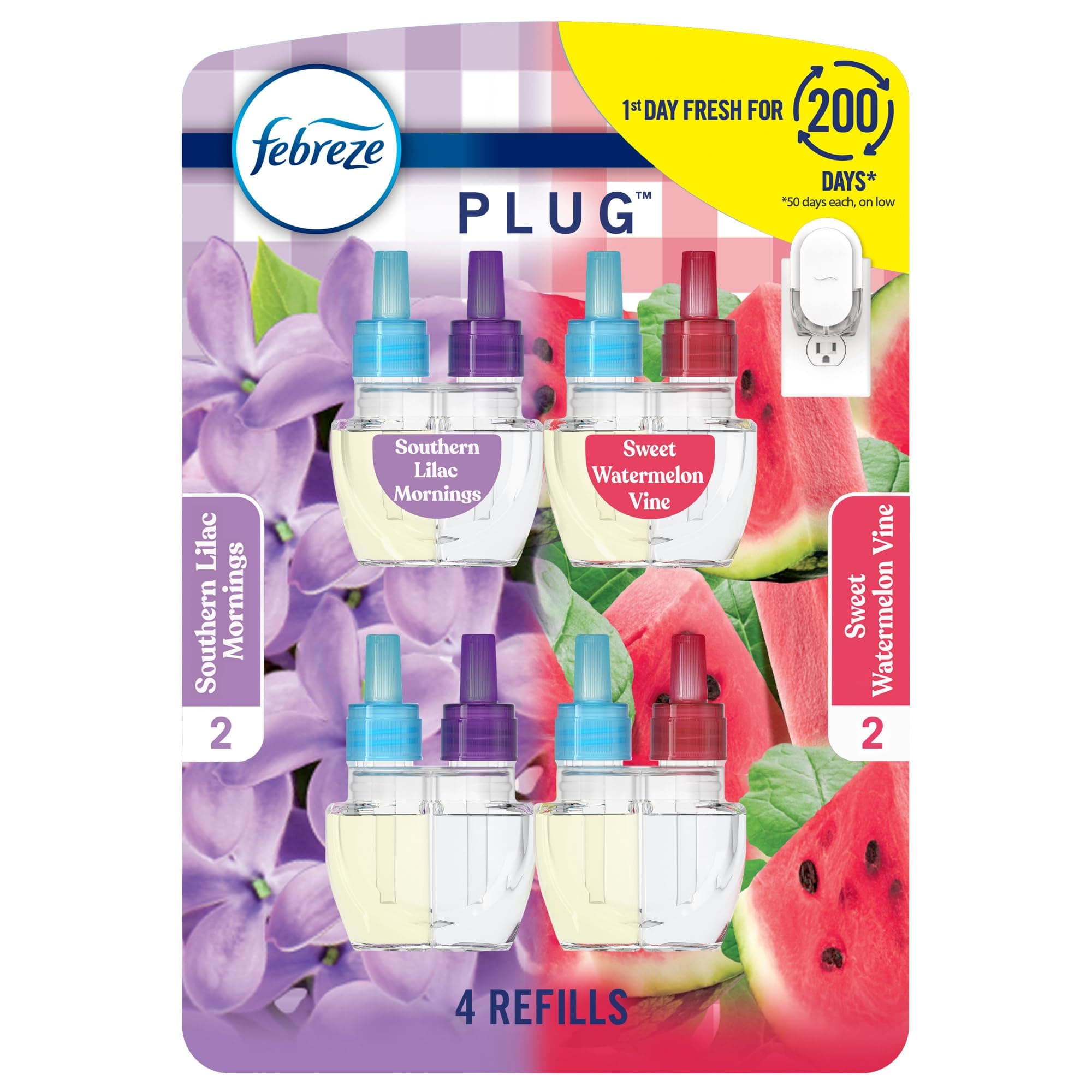 Odor-Fighting Fade Defy PLUG Air Freshener, Southern Lilac Mornings, Sweet Watermelon Vine, Pack of 4 (2 of Each), .79 fl. oz. Oil Refill
