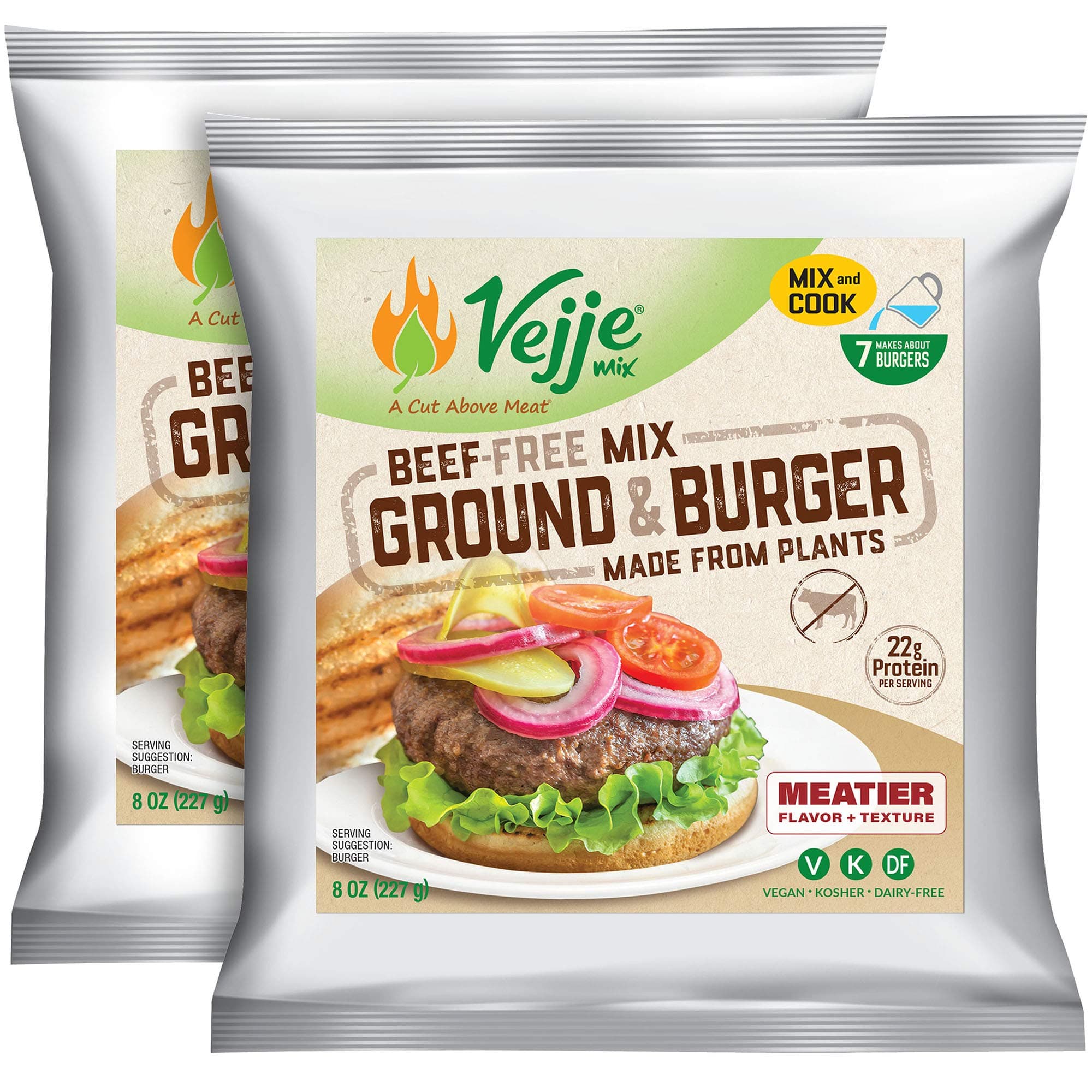 Vejje Meat-Free Mixes - BEEF-FREE: GROUND & BURGER MIX (MEATIER) (2 Bags in Box)(Box Makes a Total of 14 Burgers)