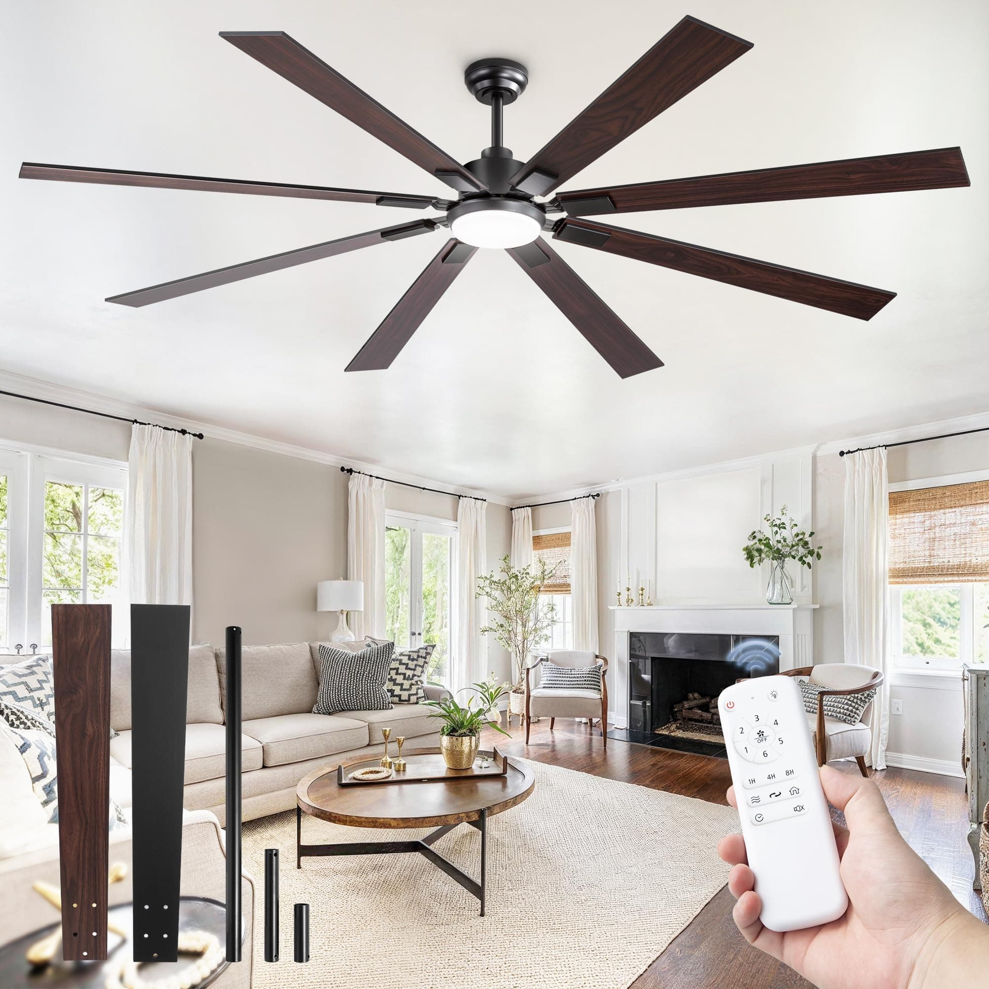 ZMISHIBO 80 inch Large Ceiling Fans with Lights and Remote, Indoor/Outdoor Black Modern Ceiling Fan for Kitchen Living Room Patio, 6 Speed Reversible Quiet DC Motor, 3 CCT, Dual Finish 8 Blades
