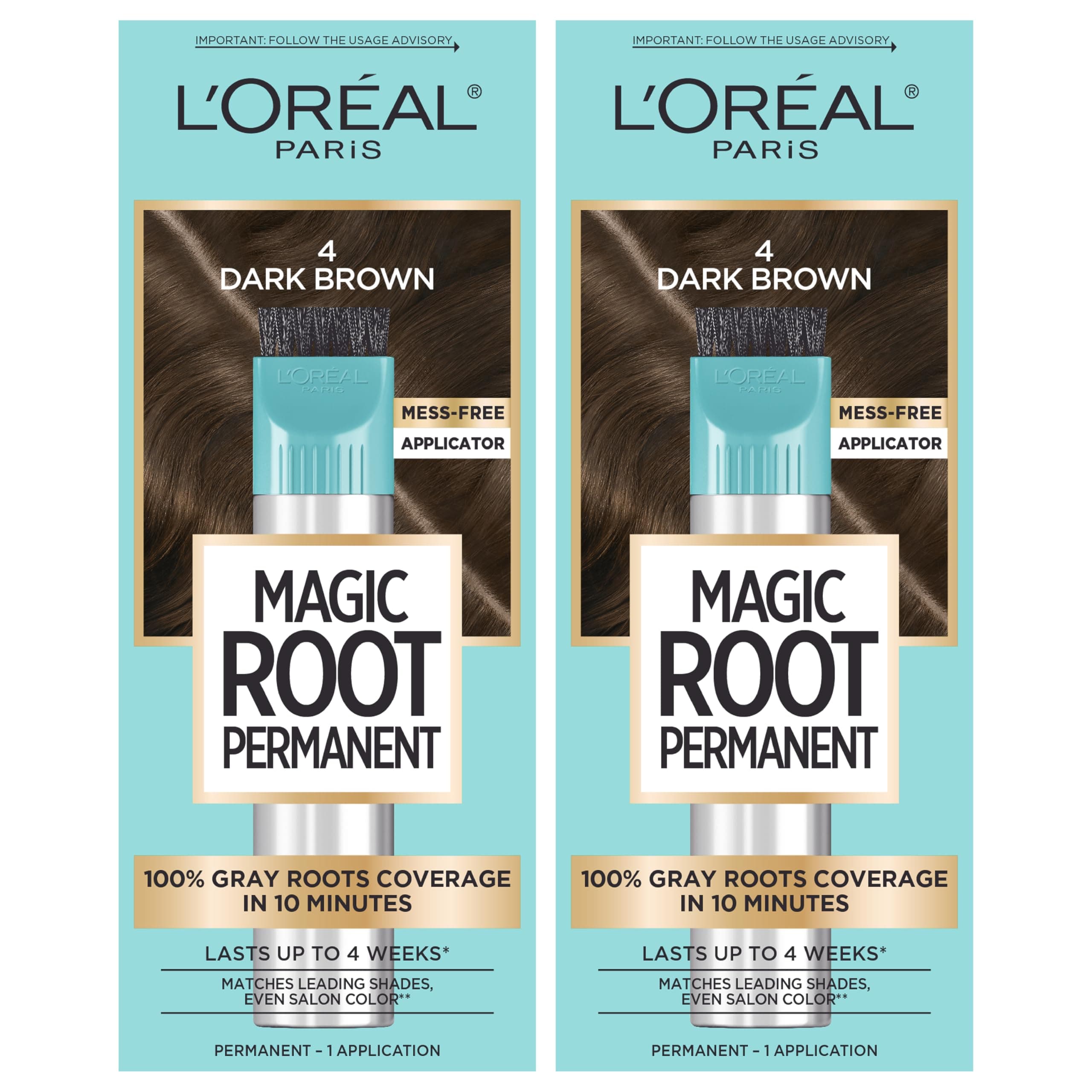 L'Oreal Paris Magic Root Rescue 10 Minute Root Hair Coloring Kit, Permanent Hair Color with Quick Precision Applicator, 100% Gray Coverage, 4 Dark Brown, 2 count