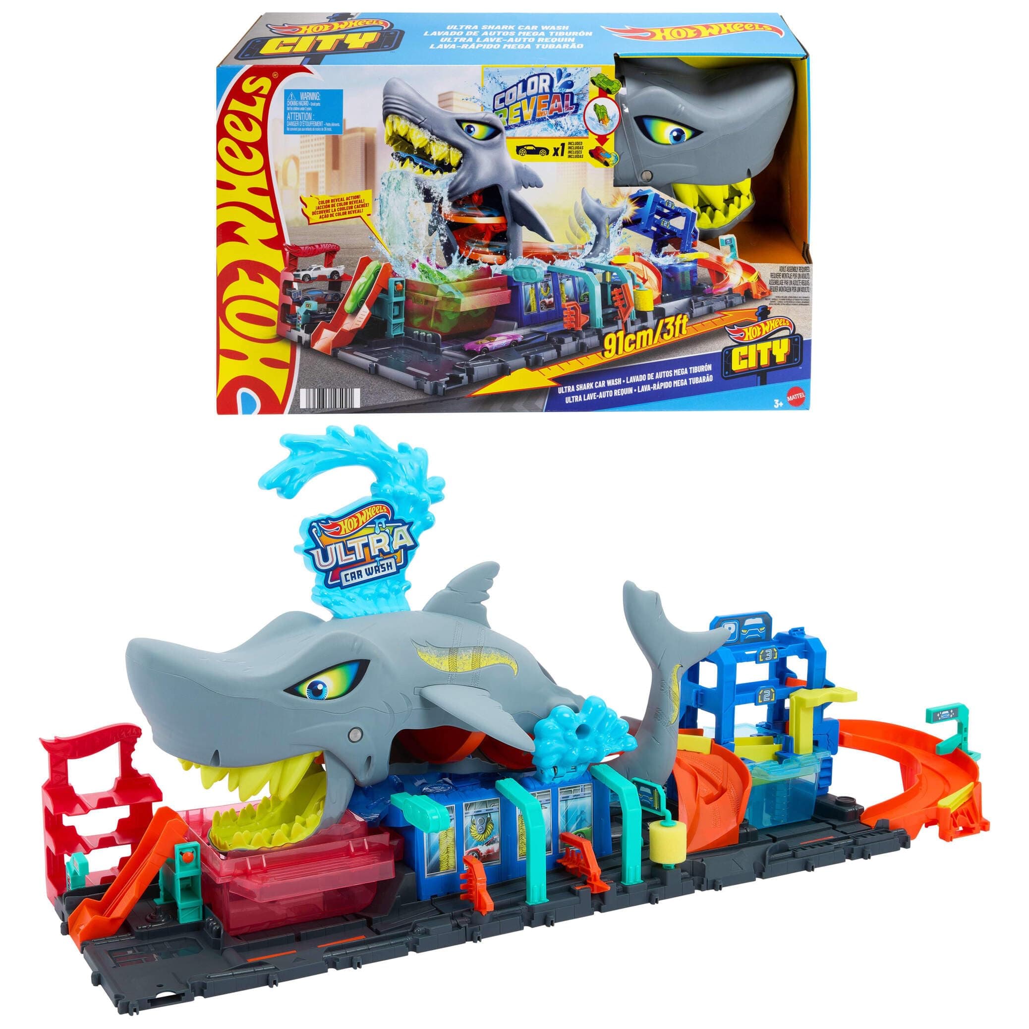 City Track Set, Ultra Shark Car Wash with 1:64 Scale Color Reveal Toy Vehicle, Repeat Color-Change Feature, Storage