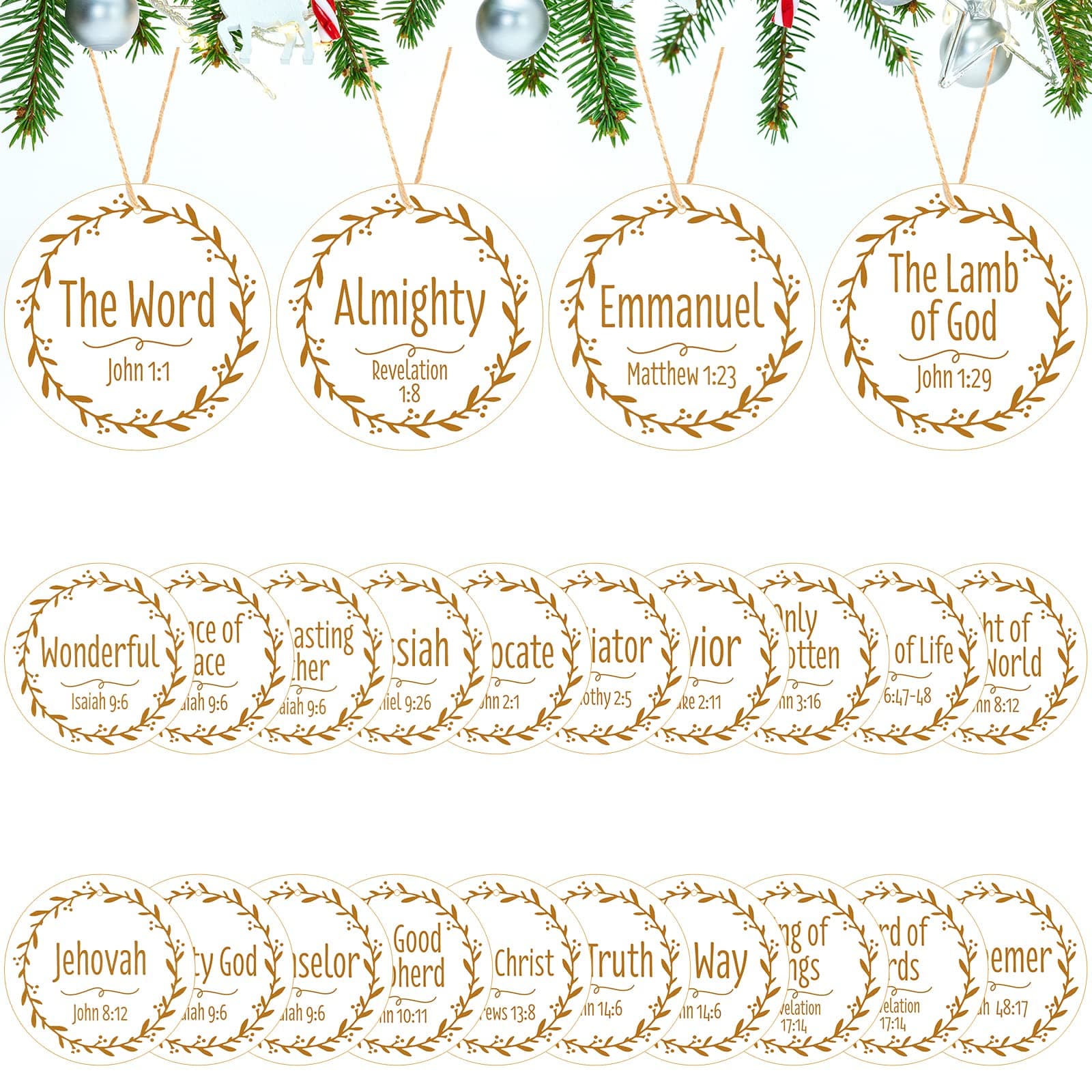 Bucherry 24 Pcs Names of Jesus Christ Christmas Ornament 3.5 in Nativity Round Wooden Hanging Ornaments with Different Names of The Savior for Xmas Tree Home Decor (Gold)