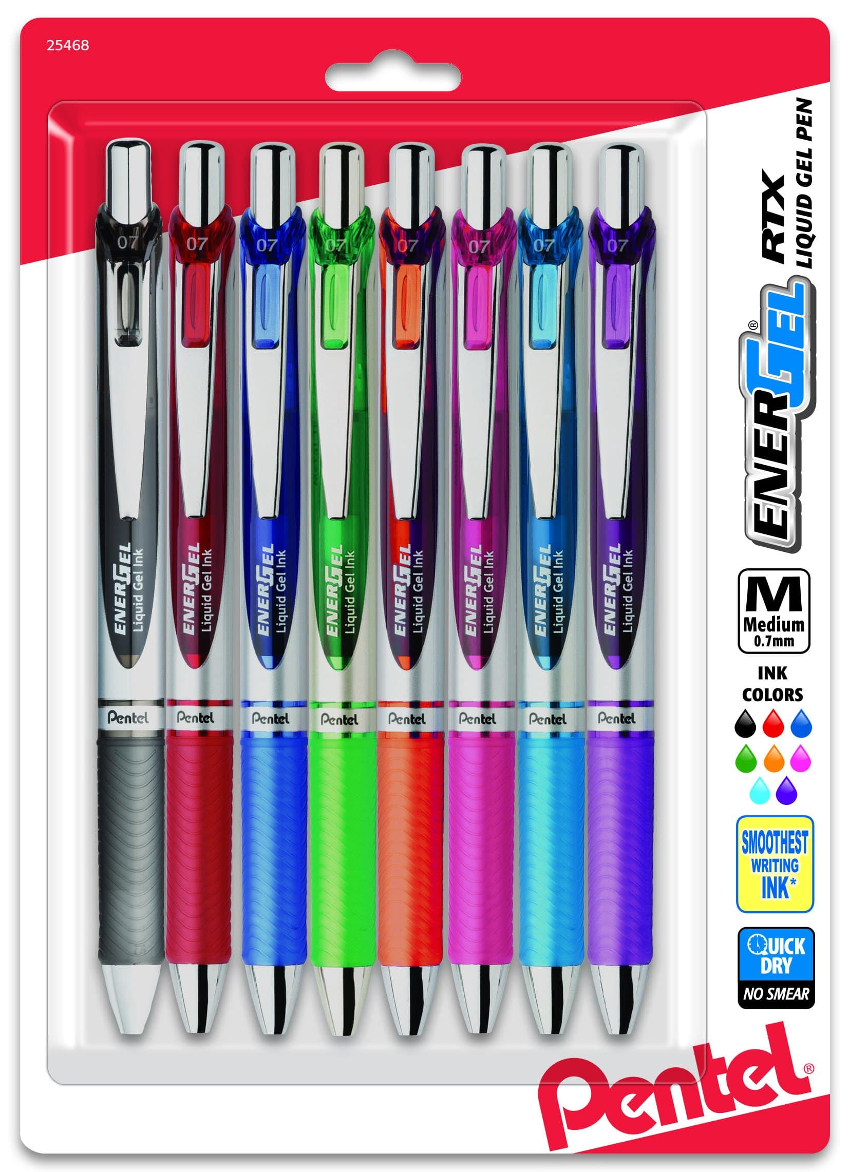 Pentel® EnerGel RTX Pens, 0.7 mm, Medium Point, Assorted Ink Colors, Pack Of 8