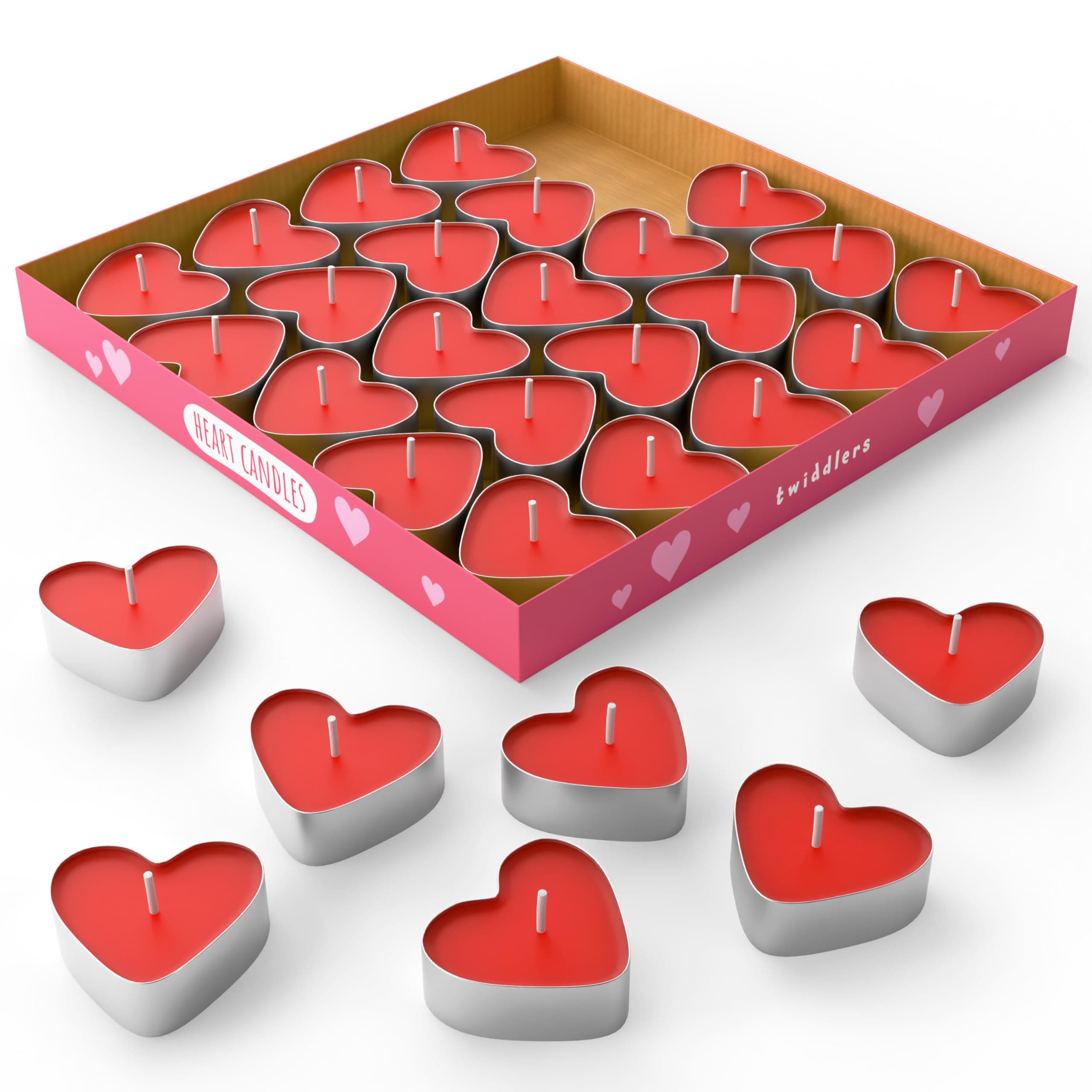 THE TWIDDLERS 50 Pack Red Love Heart Candles Tea Lights (4cm) - Smoke-Free Bulk Set for Romantic Valentine's Dinners, Anniversaries, Wedding Proposals and Decorations