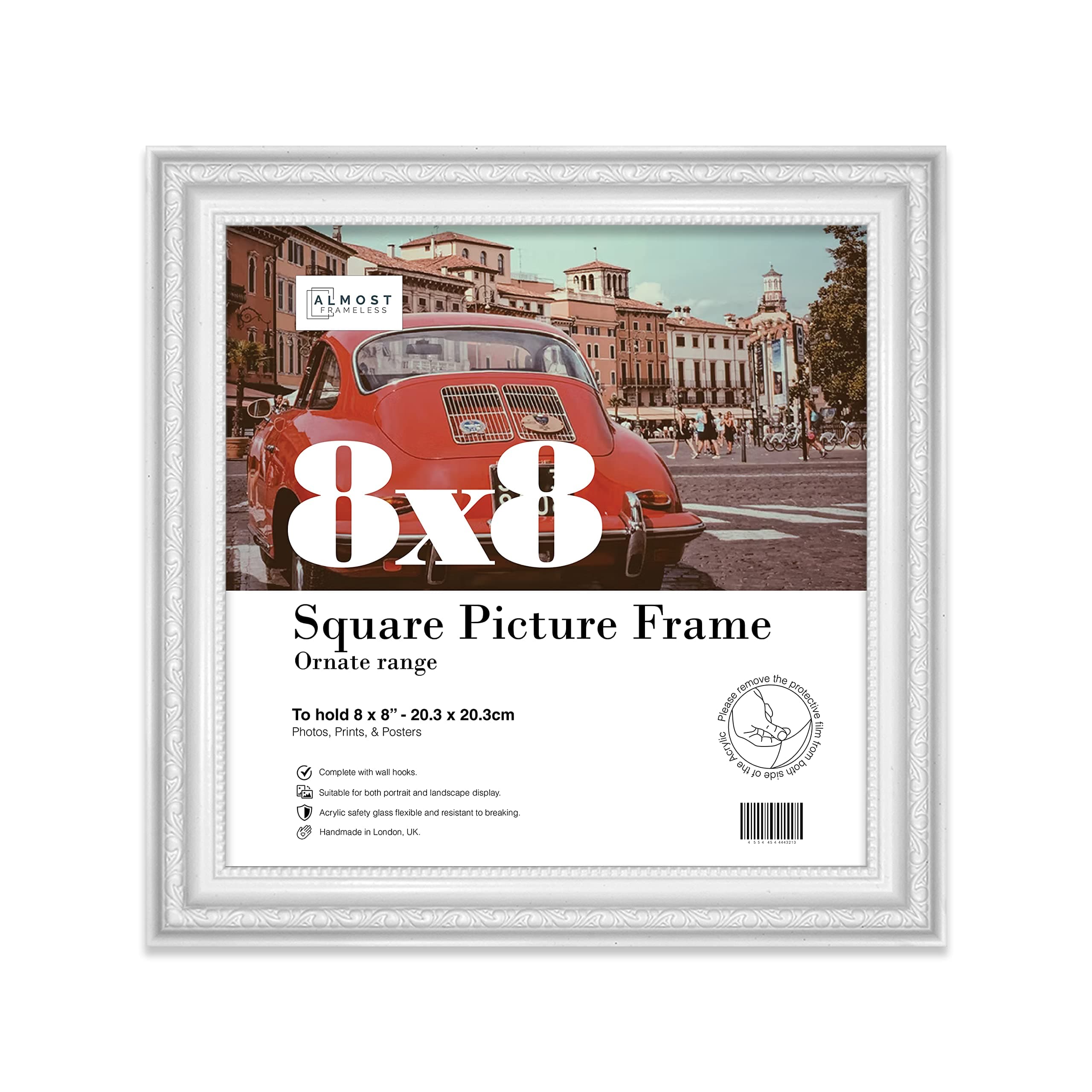 Almost Frameless 8x8 White Ornate Picture Frame 8"x8" (20.3x20.3cm) Poster, Photo, Artwork, or Print. Shabby Chic Style Portrait and Landscape Display with Wall Hooks