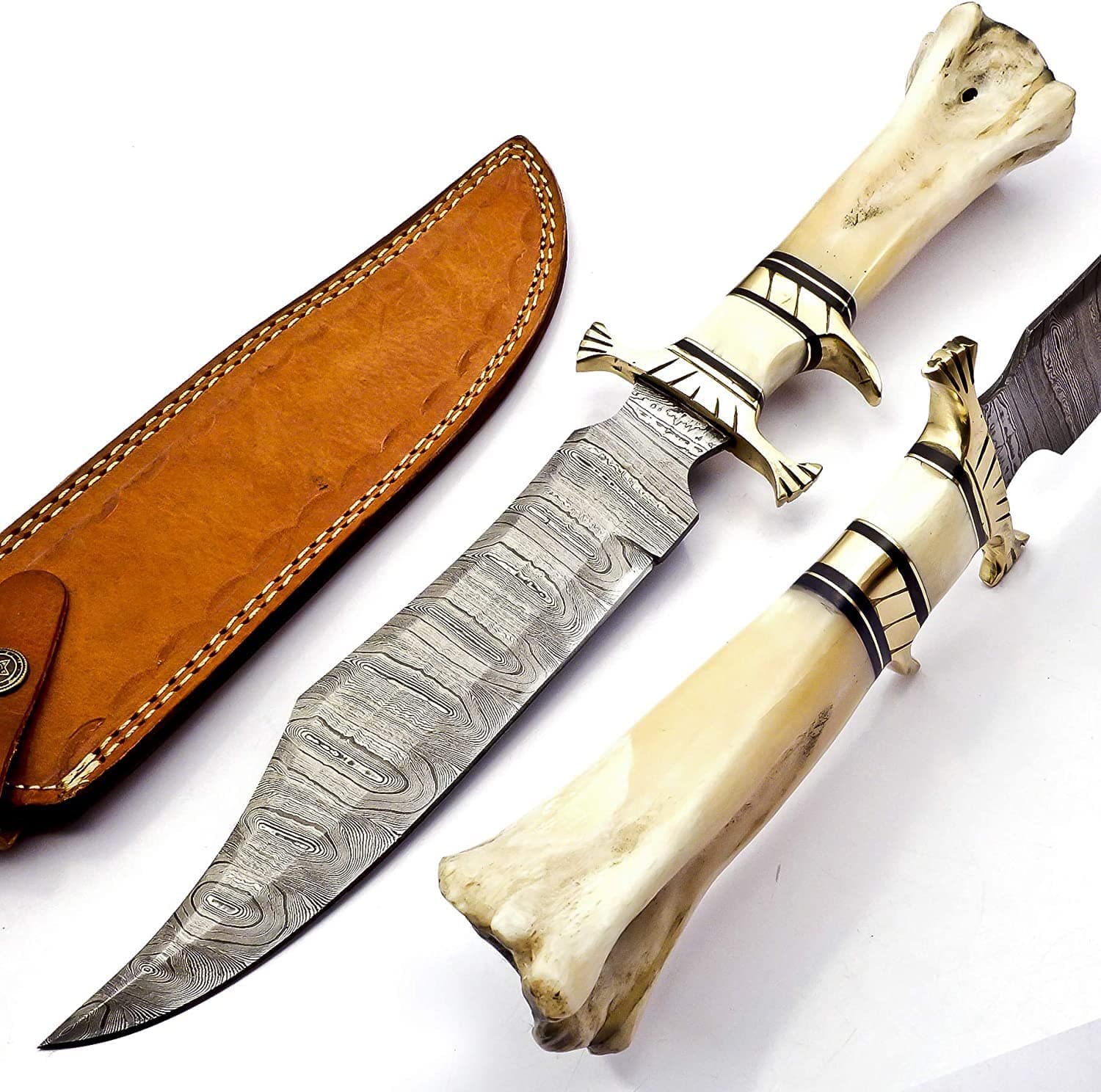 Volumetee Fixed Blade Hunting Knife 15" Damascus Steel Twist Pattern Bowie Knife, Camel Bone Handle Survival Knife with Leather Sheath