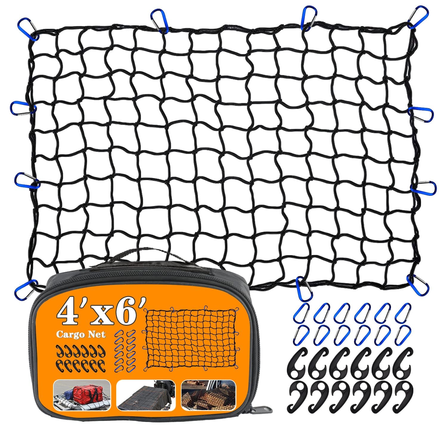 4’x6’ Truck Cargo Net Expands to 8' x 12' with 4"x4" Mesh Grid Super Duty Bungee Heavy Duty Bed Netting for Truck Bed Stretches with 12 Adjustable Metal Carabiners by Cenipar