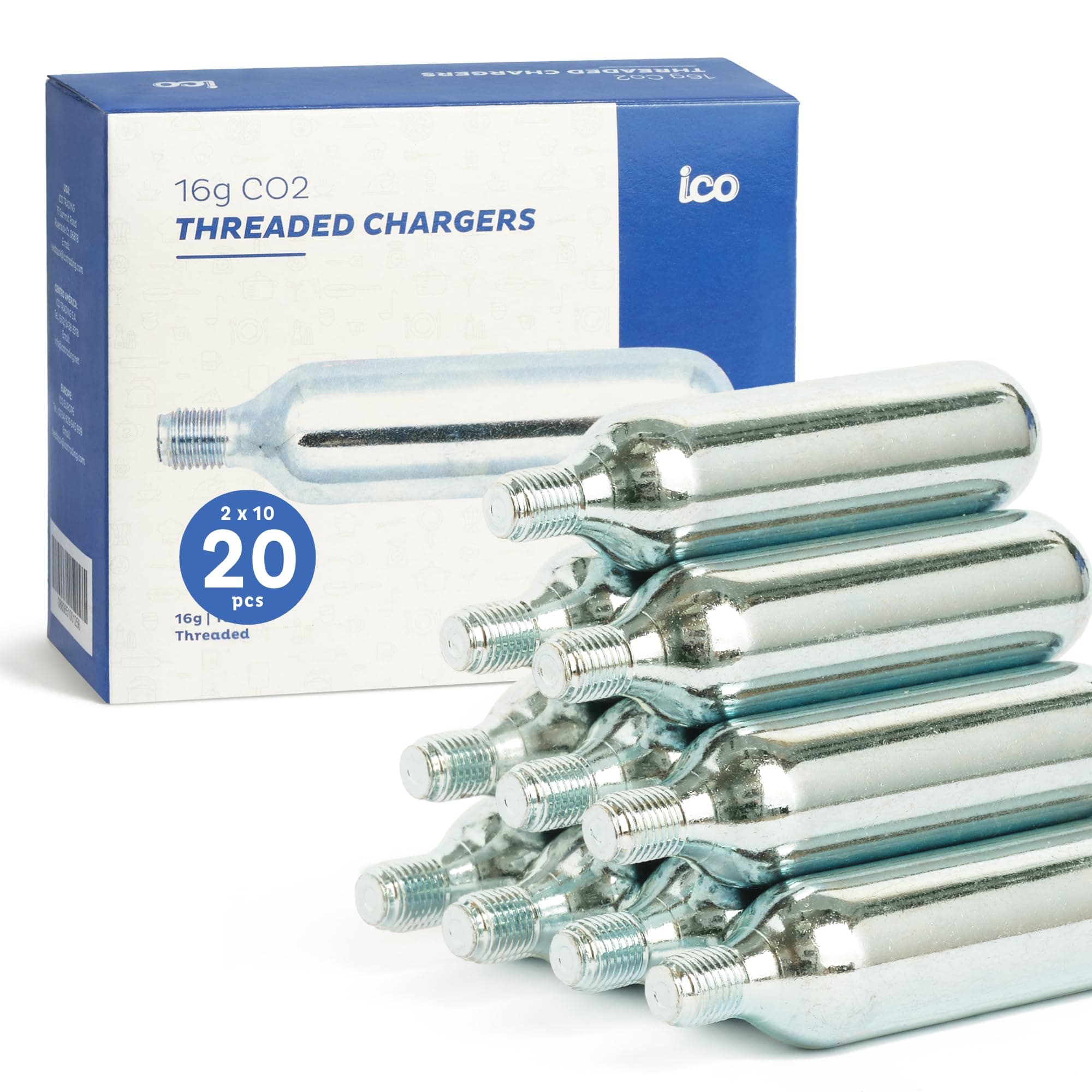 ICO CO2, 20pcs, 16g Threaded CO2 Cartridges, CO2 Cartridges for Use with CO2 Bike Tire Inflator, C02 Cartridges for MTB & Road Bikes, Food Grade