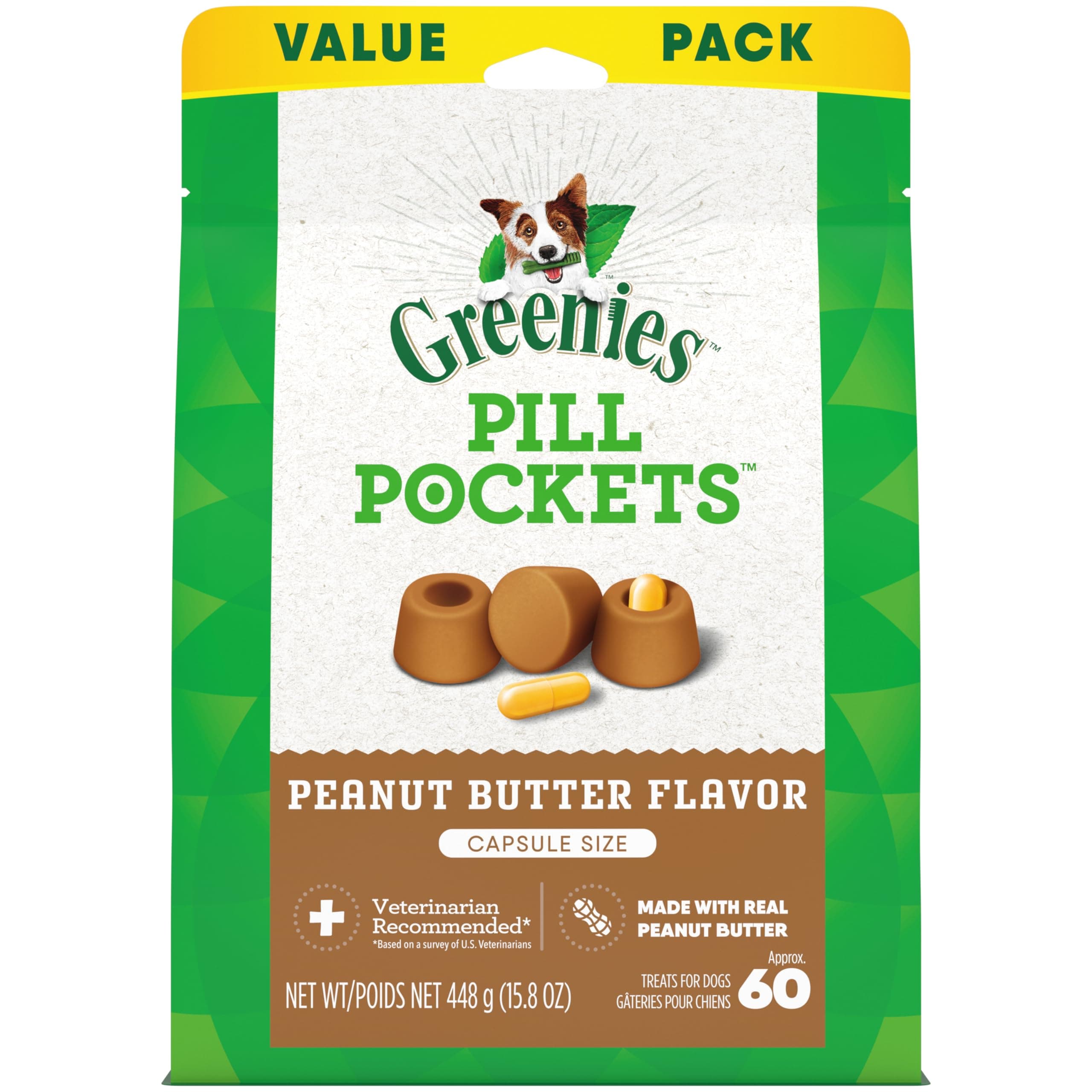 PILL POCKETS for Dogs Capsule Size Natural Soft Dog Treats with Real Peanut Butter, 15.8 oz. Pack (60 Treats)