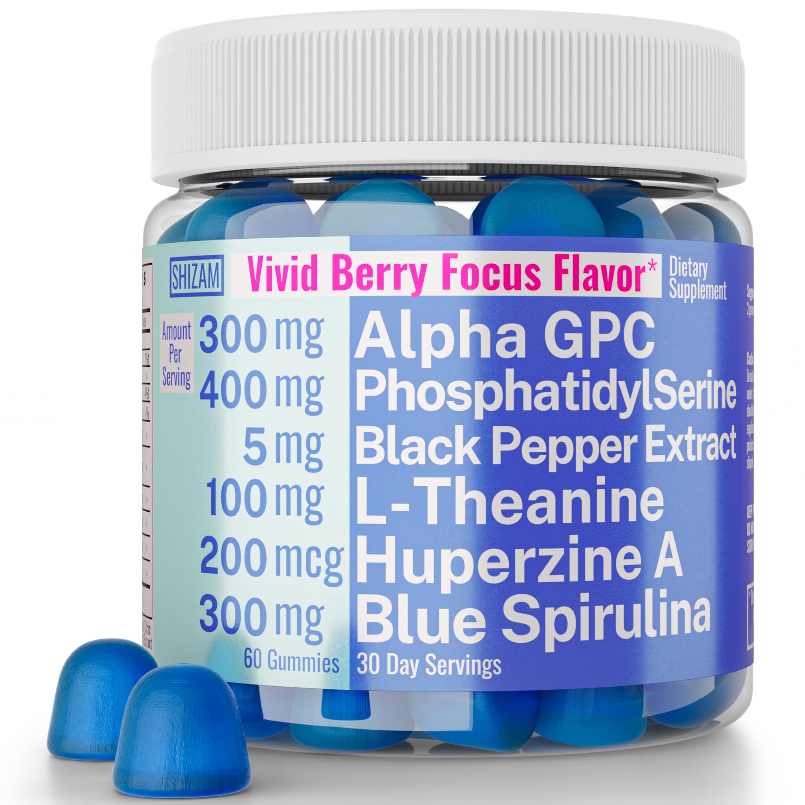 Alpha GPC Huperzine A PhosphatidylSerine L-Theanine Blue Spirulina Bioperine Gummies, Alpha-GPC Huperzine-A Phosphatidyl Serine L Theanine Supplement, Powder Capsules Tablets Liquid Supplements Alt