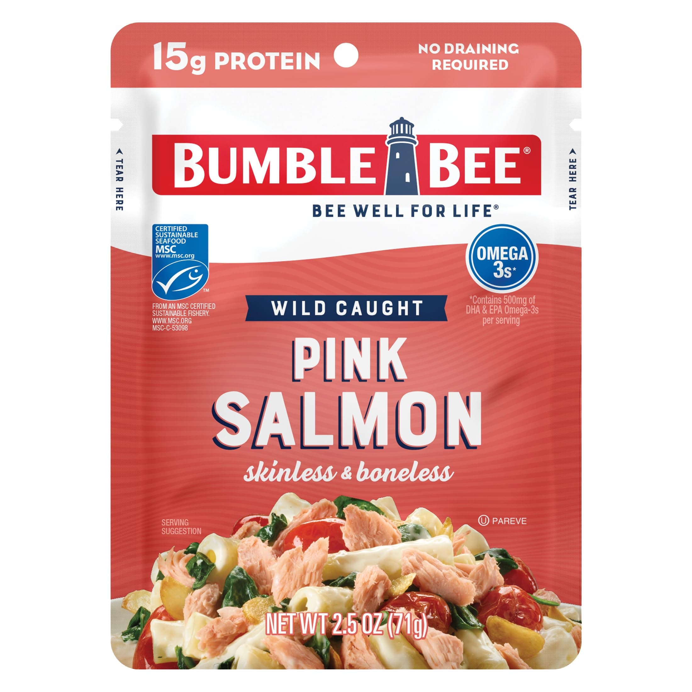Bumble Bee Skinless & Boneless Pink Salmon, 2.5 oz Pouch - Premium Wild Caught Salmon - 15g Protein per Serving, High in Omega-3s - MSC Certified Sustainable Seafood, Gluten Free, Kosher