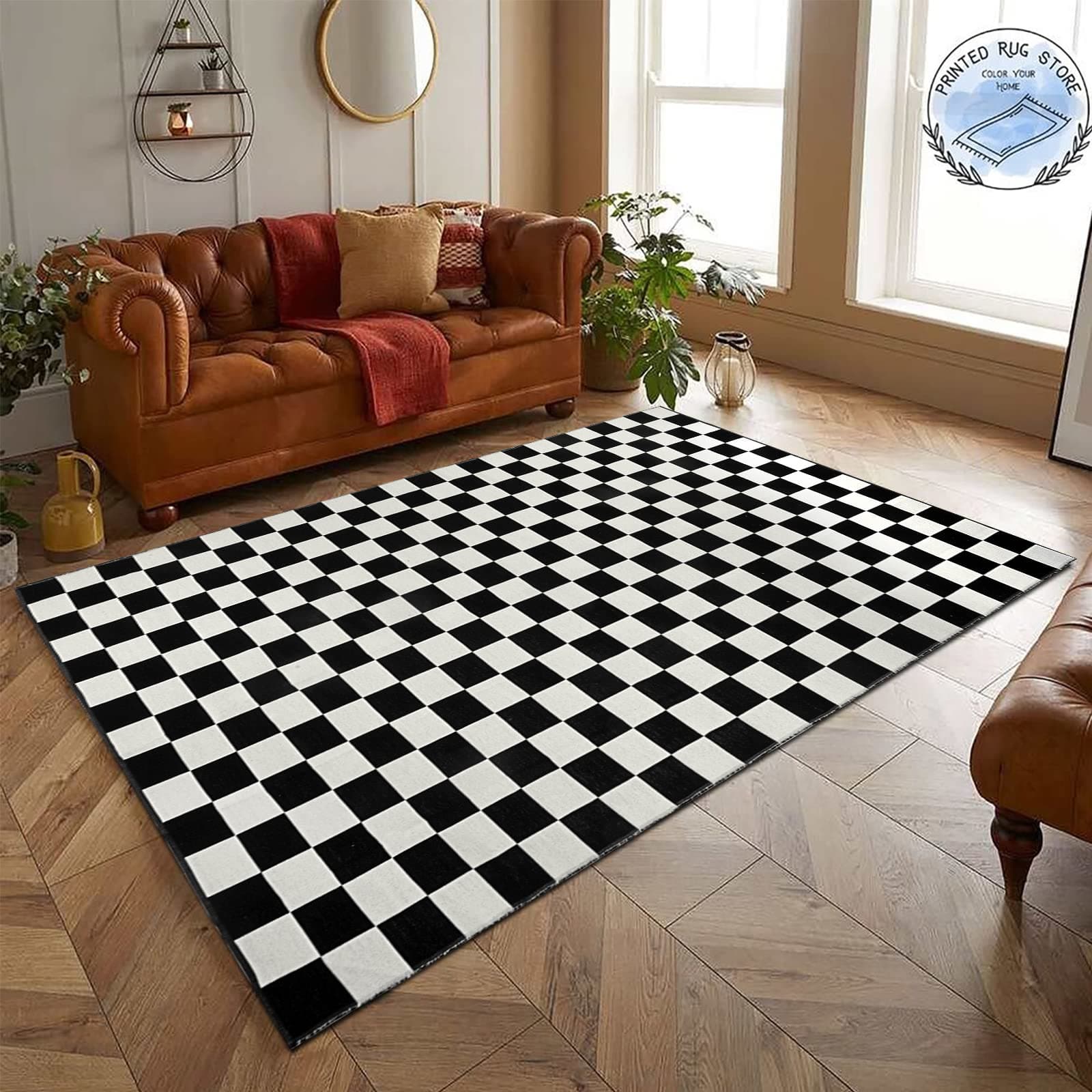 Seavish Checkered Rug, 5x8 Ft Black and White Rug, Retro Moroccan Checkerboard Rugs, Lightweight Outdoor Washable Area Rug, Rustic Floor Carpet Decor for Living Room Bedroom Dining Room Patio