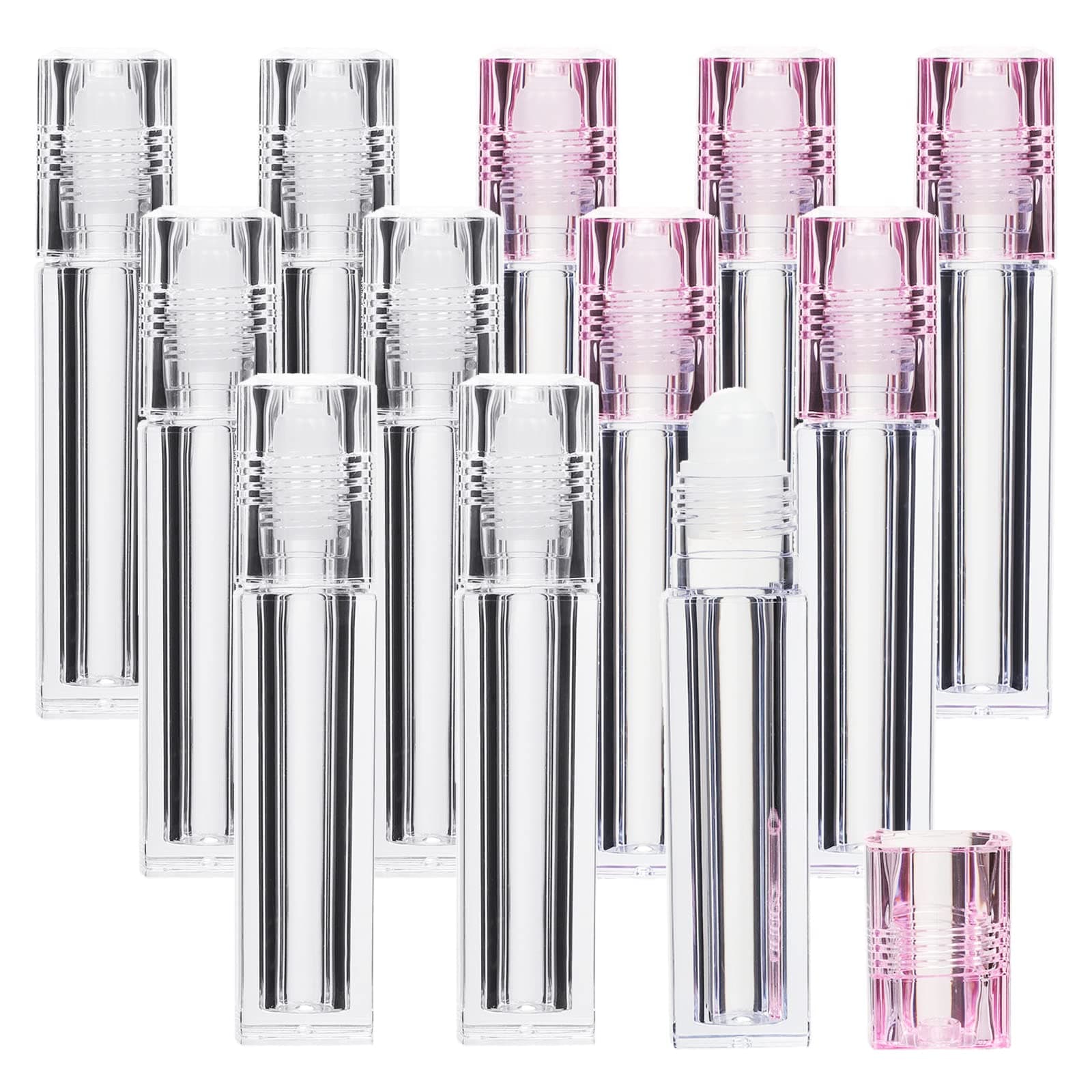 TXIN 12 Pcs 6.5ml Essential Oil Roller Lipgloss Lip Oil Roll On Bottles Tubes, Reusable Portable Refillable Roll On Empty Lip Gloss Tubes, Travel Perfume Bottle with Rolling Ball, Transparent & Pink
