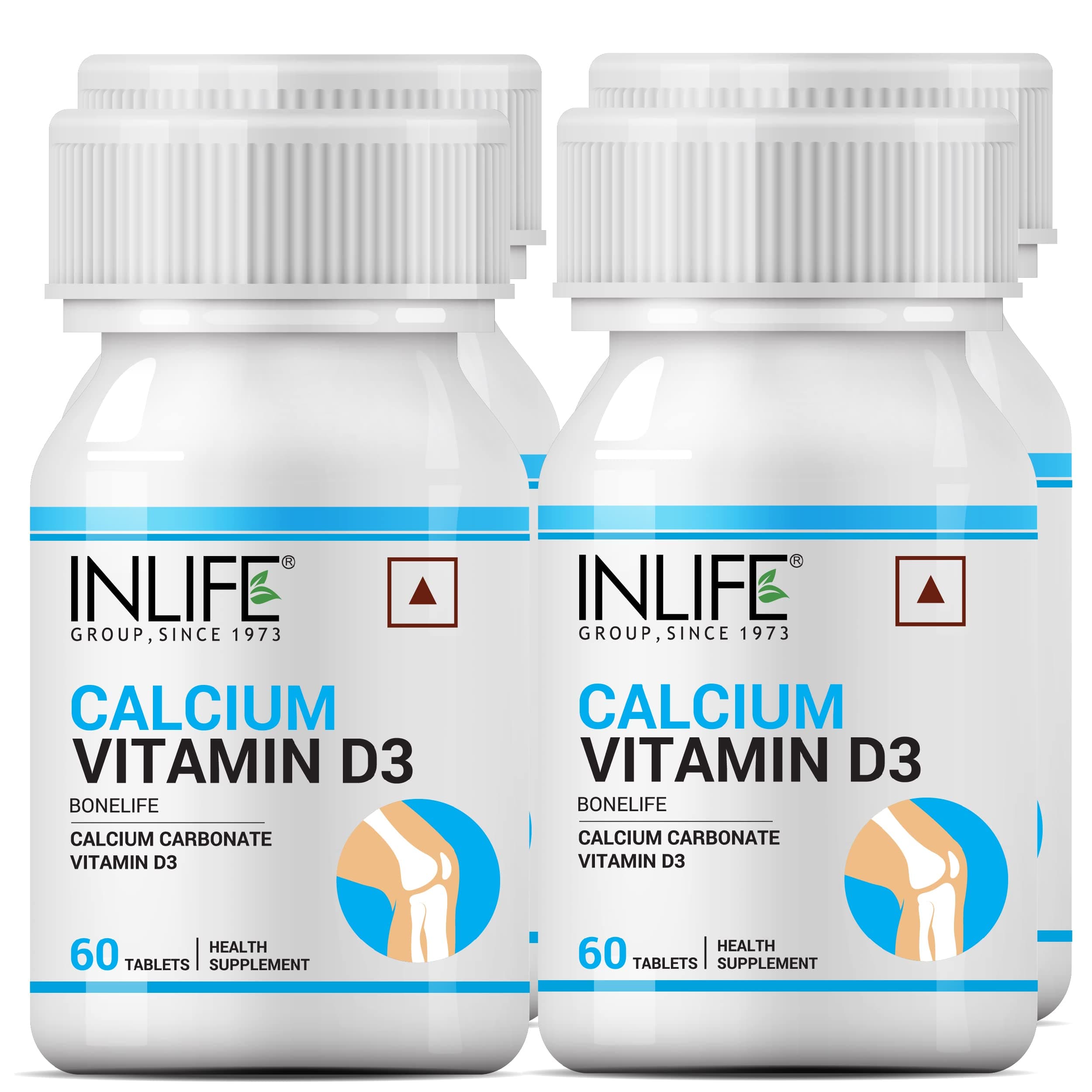 INLIFE Calcium and Vitamin D3 Tablets for Men Women | Calcium Carbonate Supplement for Bone and Joint Support - 60 Tablets (Pack of 4)