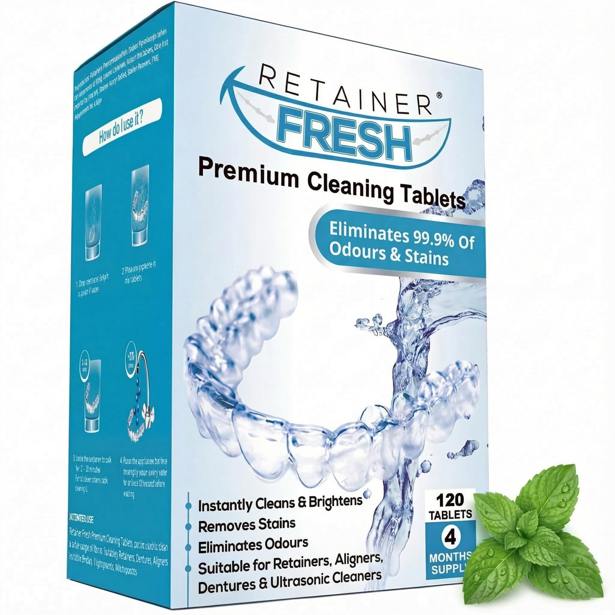 Retainer Fresh Retainer Cleaner Tablets - Denture Cleaner, Retainer Cleaning Tablets, Mouth Guard Cleaner, Aligner Cleaner, Brite Retainer Tablets 120 Tablets 4 Month