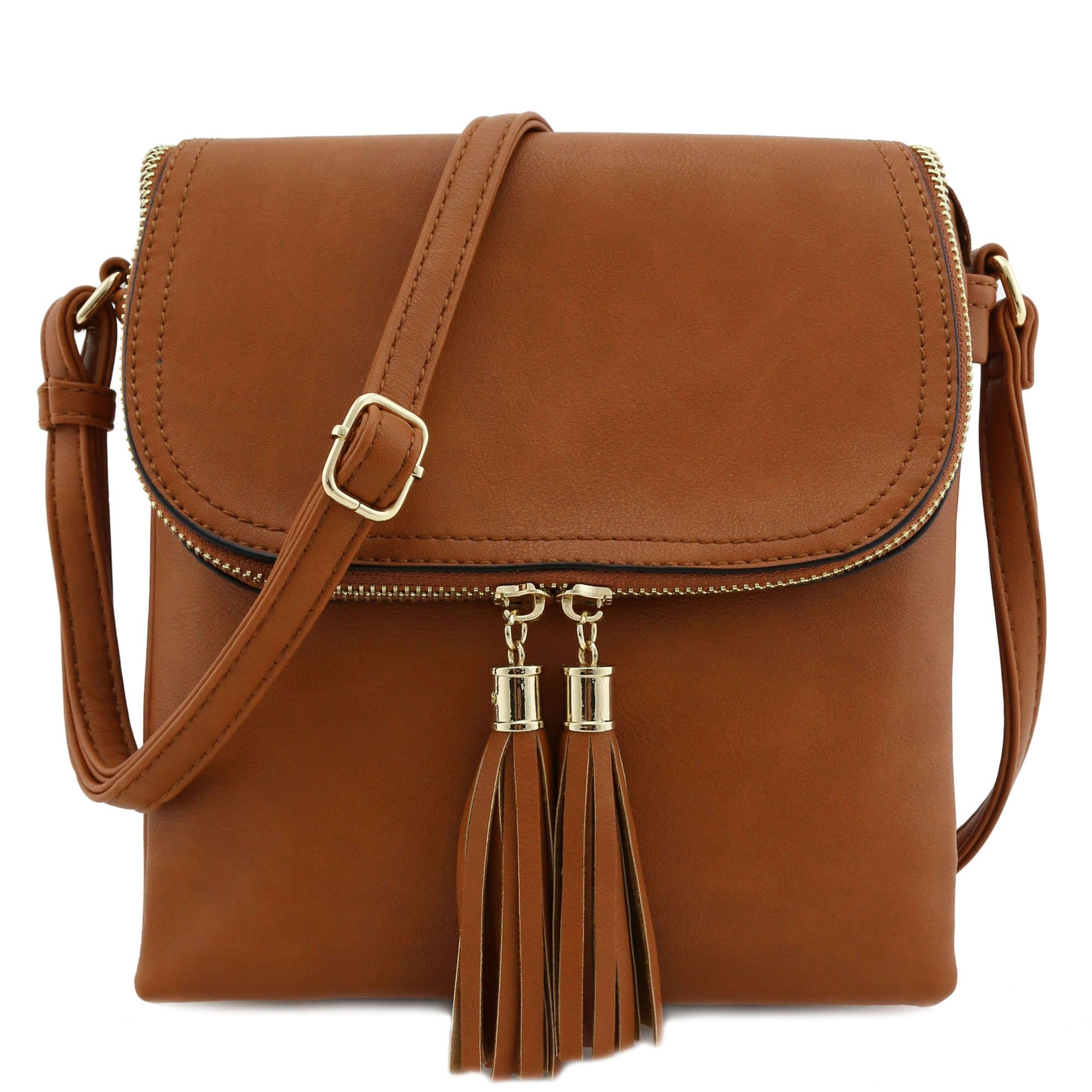 Flap Top Double Compartment Crossbody Bag with Tassel, Tan, Size One Size