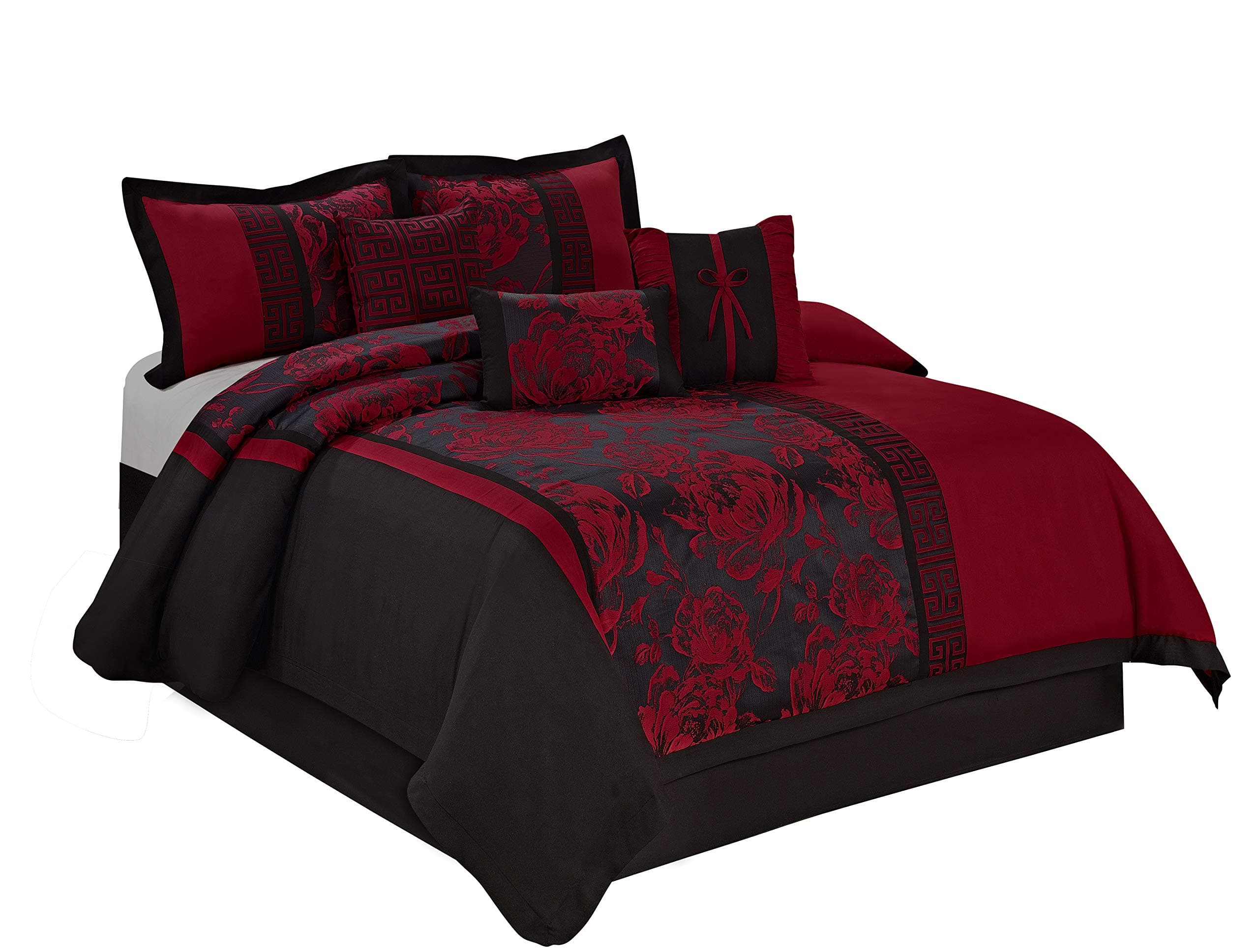 HIG 7 Piece Comforter Set Queen-Burgundy Jacquard Fabric Patchwork-PEONY Bed In A Bag Queen Size- Soft Texture,Smooth,Good Drapability-Includes 1 Comforter,2 Shams,3 Decorative Pillows,1 Bedskirt