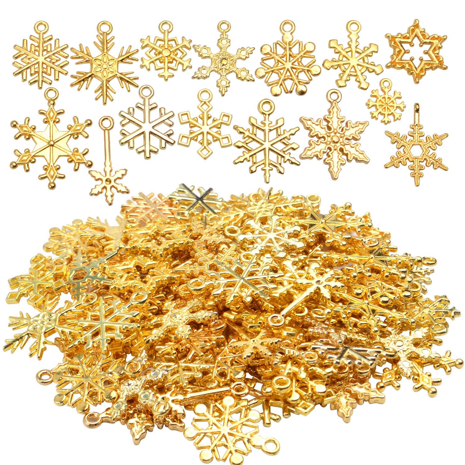 Christmas Snowflake Charms, 100g (about 80pcs - 90pcs) Mixed Alloy Snowflake Pendant Craft Supplies Jewelry Findings for DIY Necklace Bracelet Jewelry Making, Gold