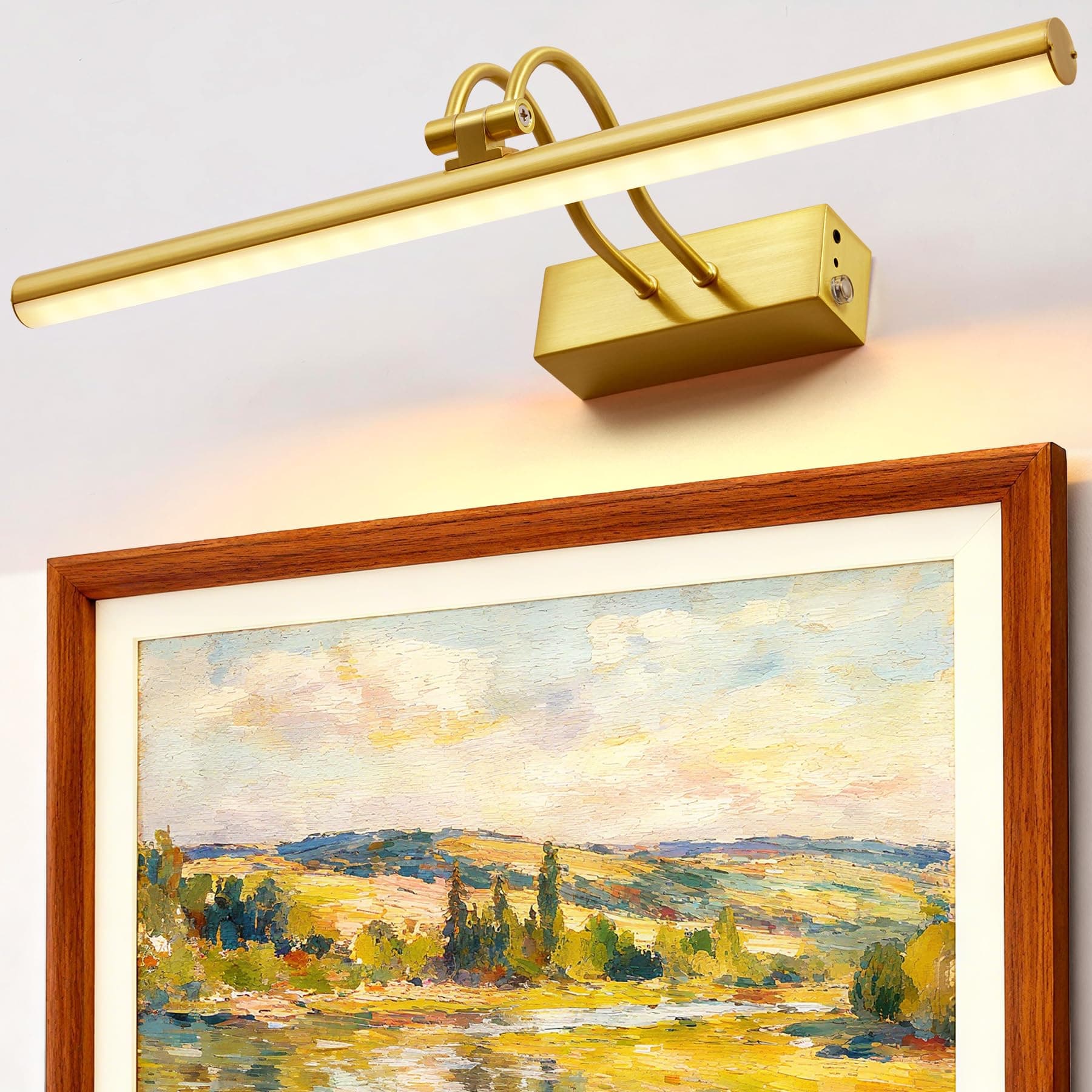 RAIFOOLLY Picture Light, 16" Cordless Picture Lights for Wall with Timer and Dimmable, Battery Operated Wall Lights for Display Gallery Painting Art Frame Portrait - Plated Gold Metal