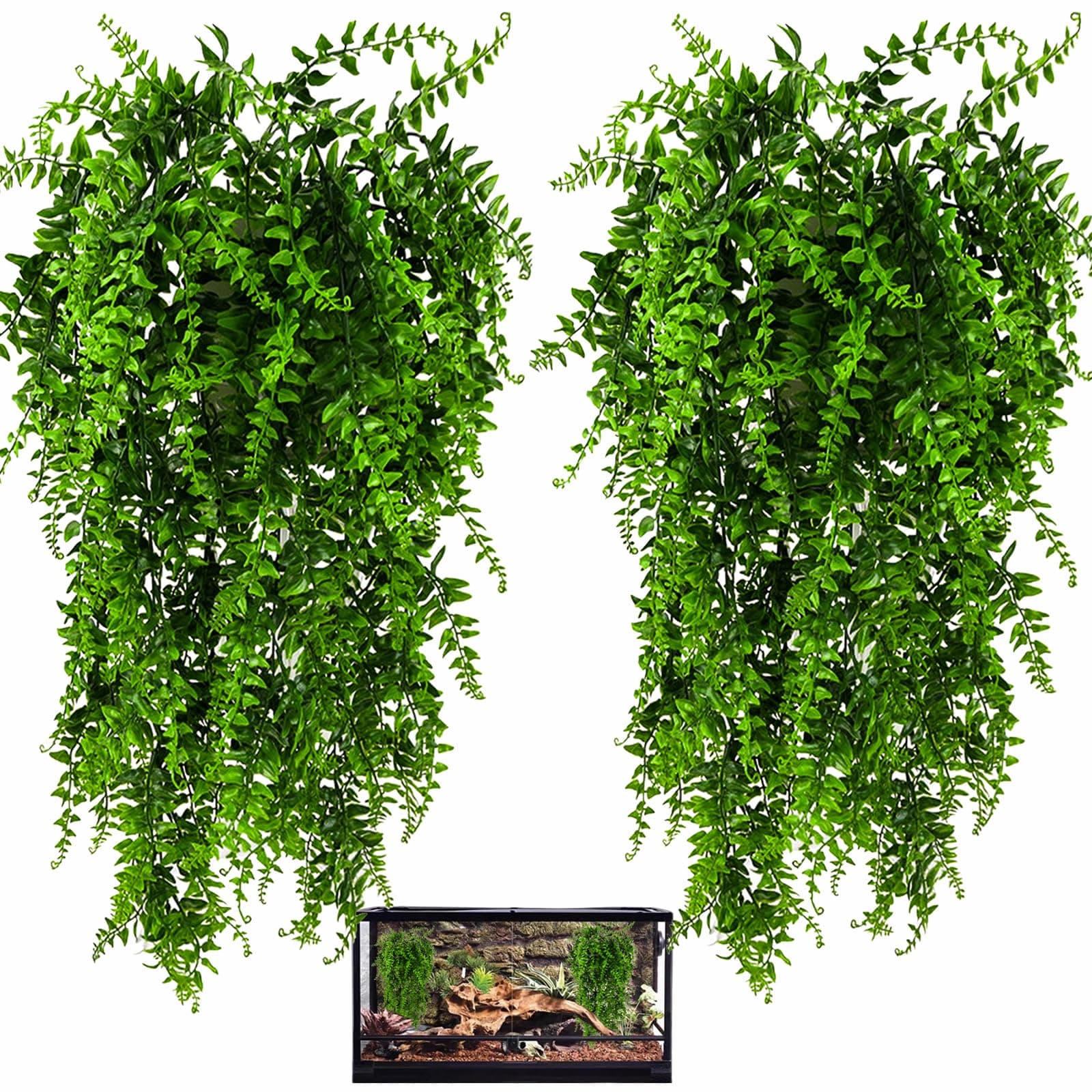 HERCOCCI 2 Pack Reptile Plants, Terrarium Hanging Plants Vines Artificial Leaves Habitat Decorations with Suction Cup for Bearded Dragon Hermit Crab Lizard Snake Geckos Chameleon