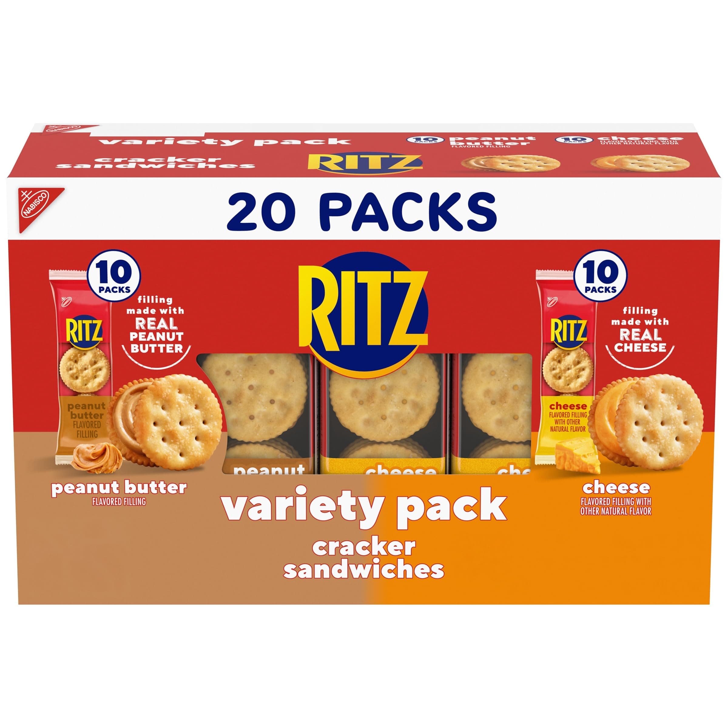 RITZ Peanut Butter and Cheese Sandwich Crackers Variety Pack, Lunch Snacks, 20 Snack Packs (6 Crackers Per Pack)