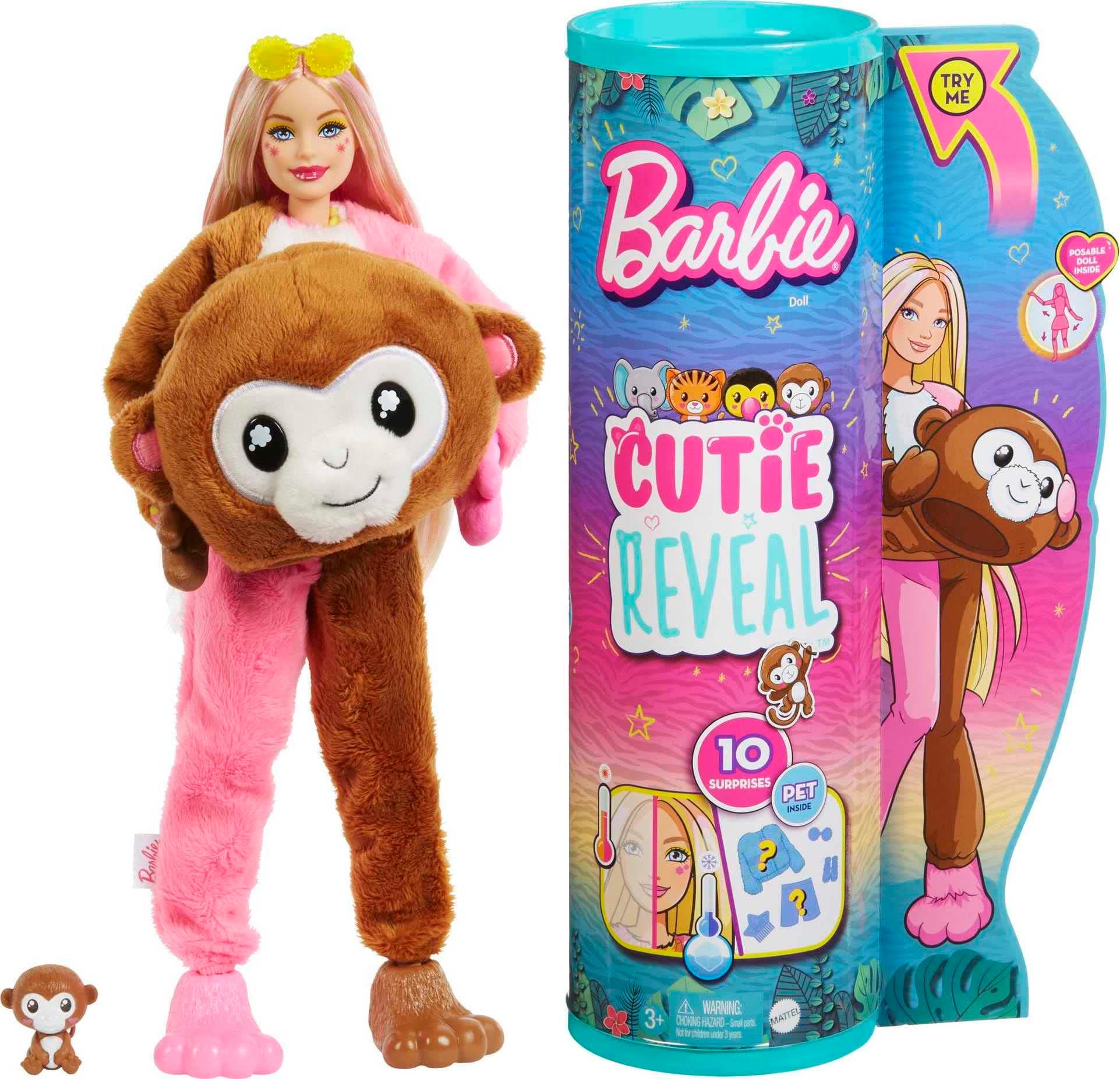 ​Barbie Dolls and Accessories, Cutie Reveal Doll with Monkey Plush Costume & 10 Surprises Including Color Change, Jungle Series