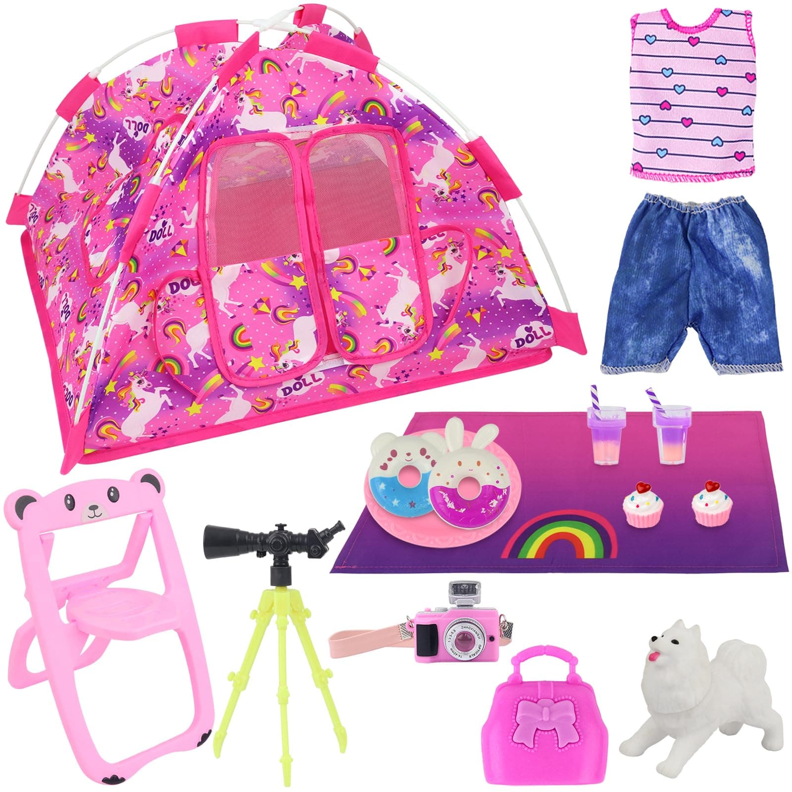 Ecore Fun 15 Pcs Doll Camping and Accessories Set for 11.5 Inch Girl Dolls Includes Tent, Clothes, Chair, Camera, Drink, Cupcake, Donut, Telescope, Toy Dog, Bag