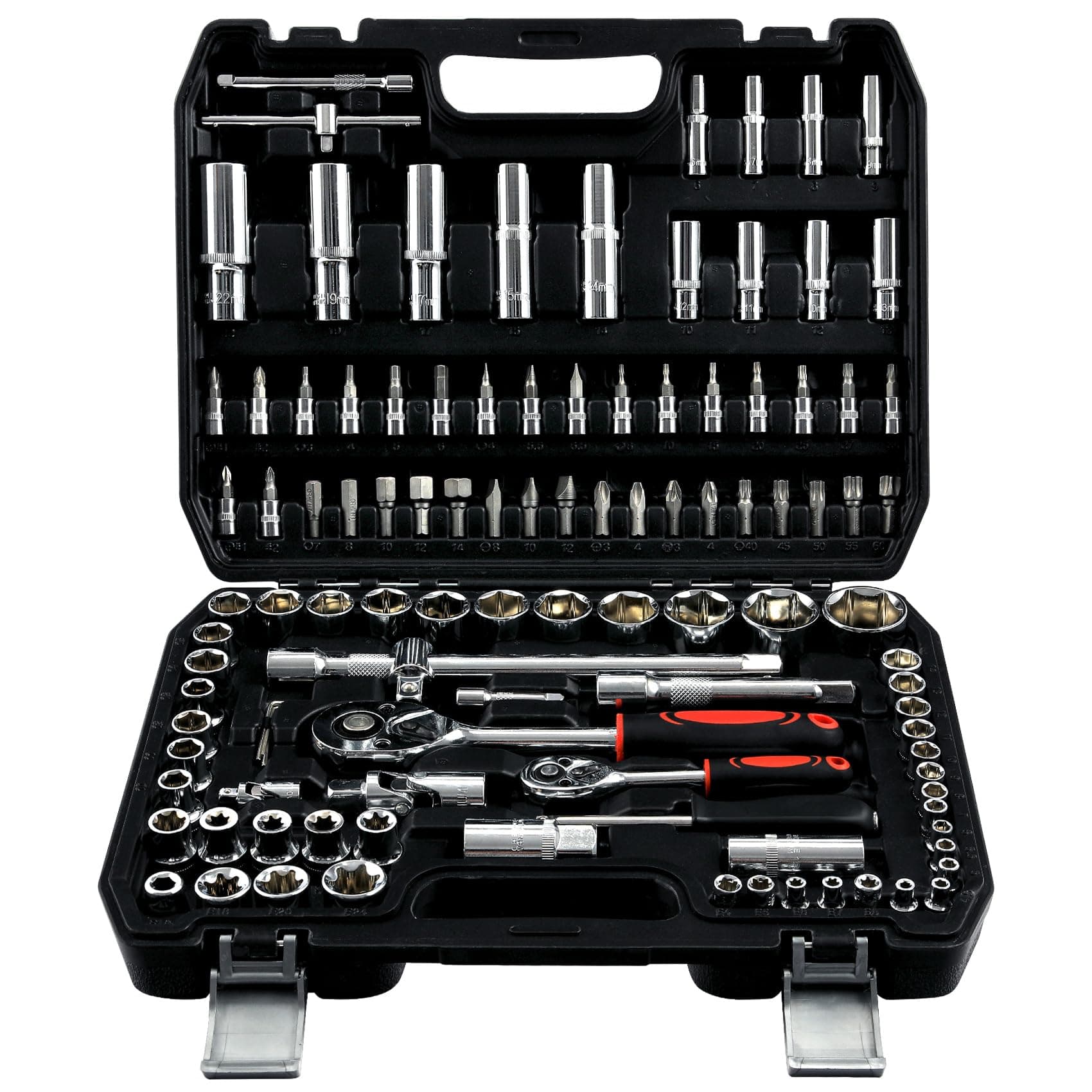 108 Piece Mechanics Tool Set Metric And Standard 1/4" & 1/2" Socket Set, Ratchet Set, Universal Joint, Extension Bars, Quick Release Reversible Ratchet Wrench, Plastic Toolbox Storage