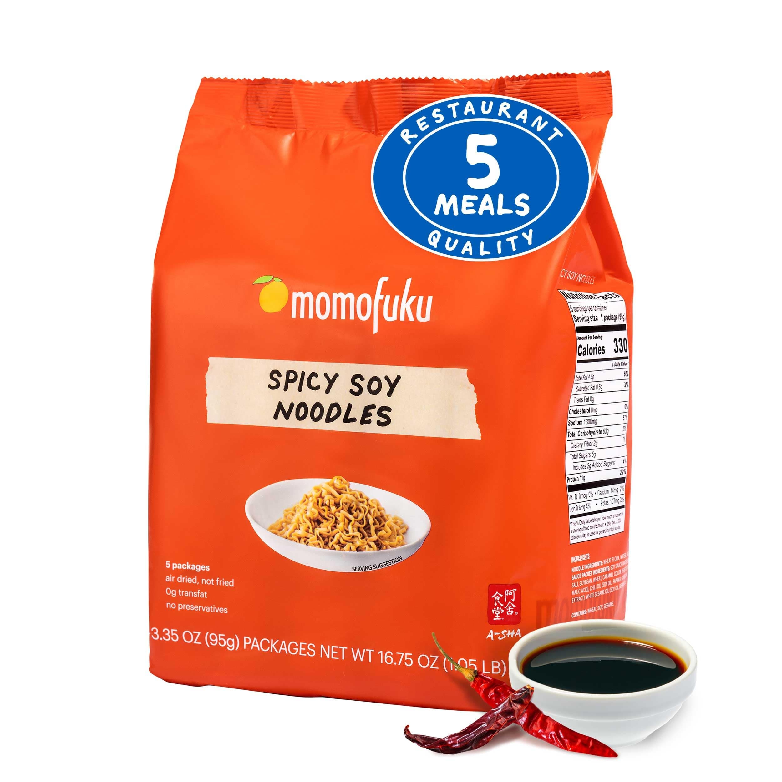 Momofuku Spicy Soy Ramen Noodles by David Chang, 5 Count (Pack of 1) Air-Dried Vegan Instant Noodles with Sauce
