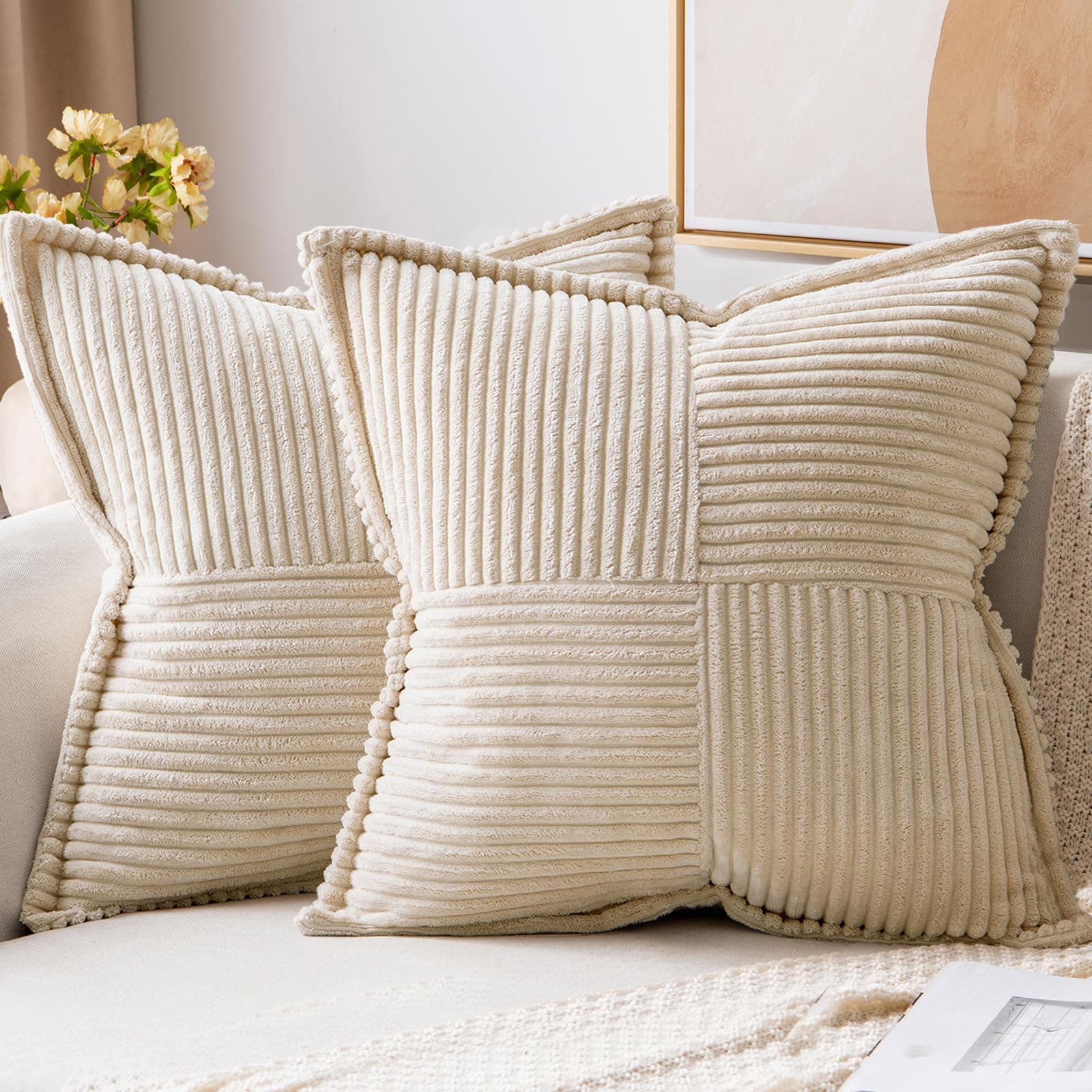 MIULEE Corduroy Cushion Covers Pack of 2 Decorative Modern Patchwork Throw Pillow Covers Pillowcase Cushions for Home Spring decor Sofa Couch with Invisible Zipper 16x16 Inch Creme 40x40 cm
