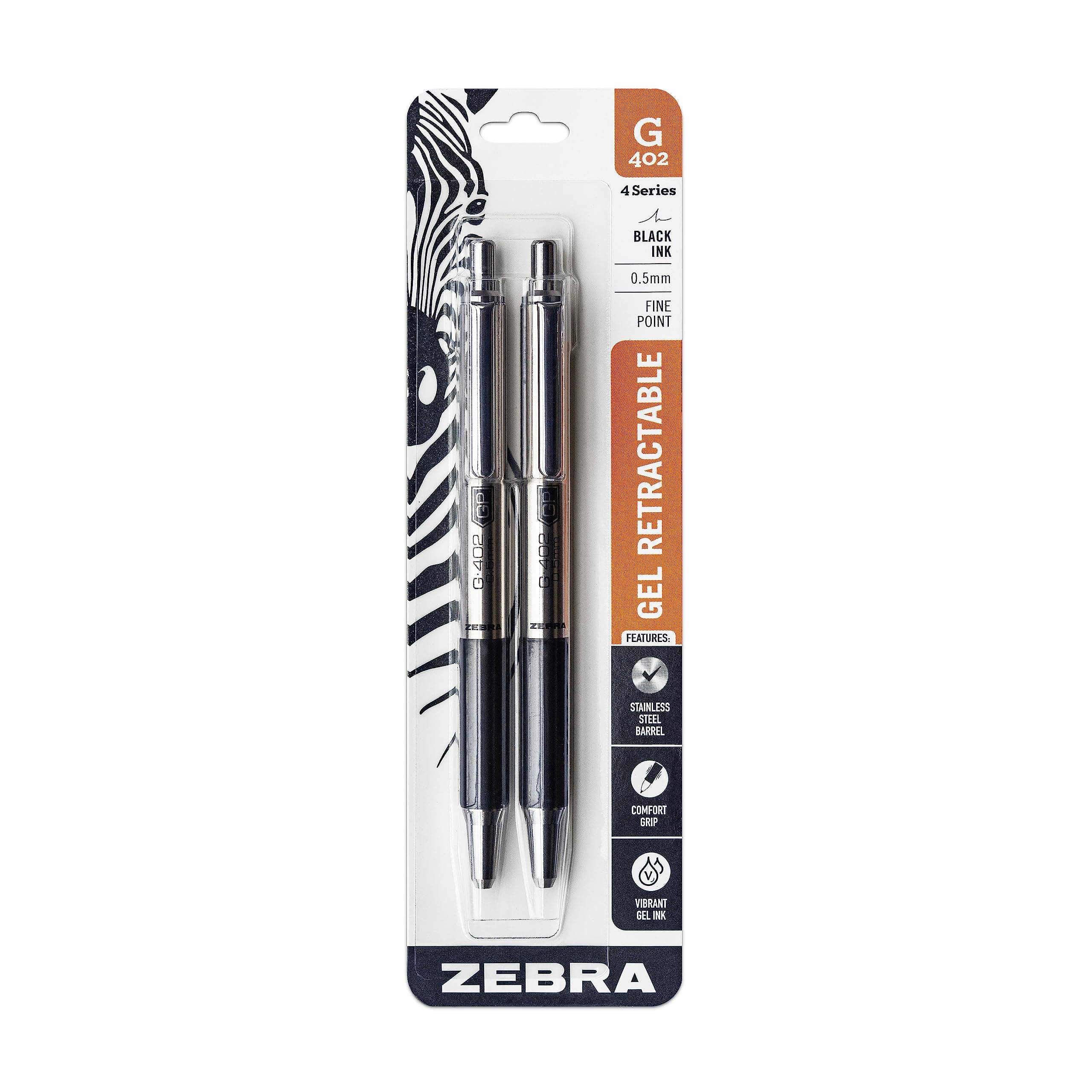 Zebra Pen G-402 Stainless Steel Retractable Gel Pen, Fine Point, 0.5mm, Black Ink, 2-Count (49212)