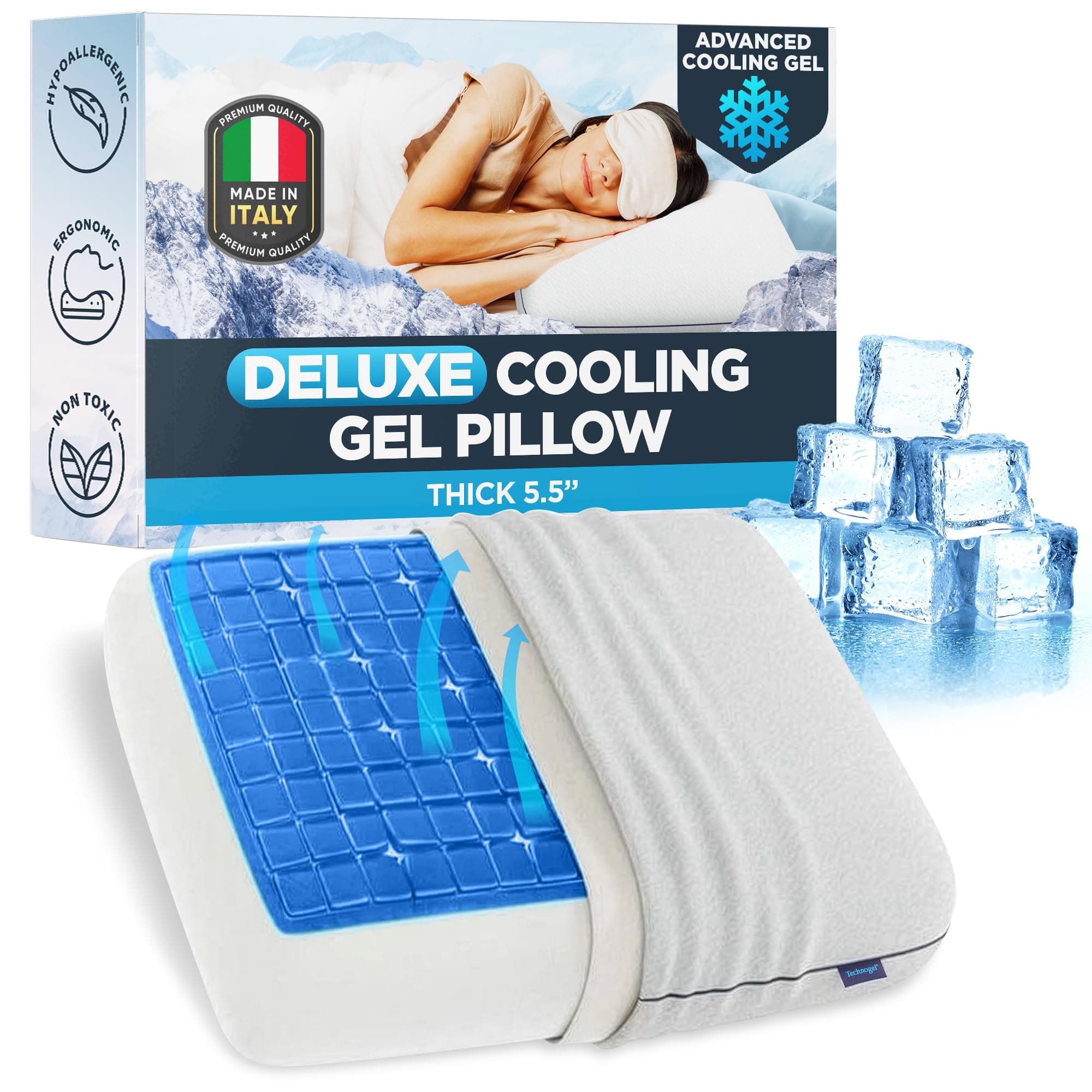 Deluxe Cooling Gel Pillow - Patented Cooling Technology, Odorless Memory Foam – Breatable Ergonomic Support for Side & Back Sleepers with Washable Cover, 5.5" (Thick)