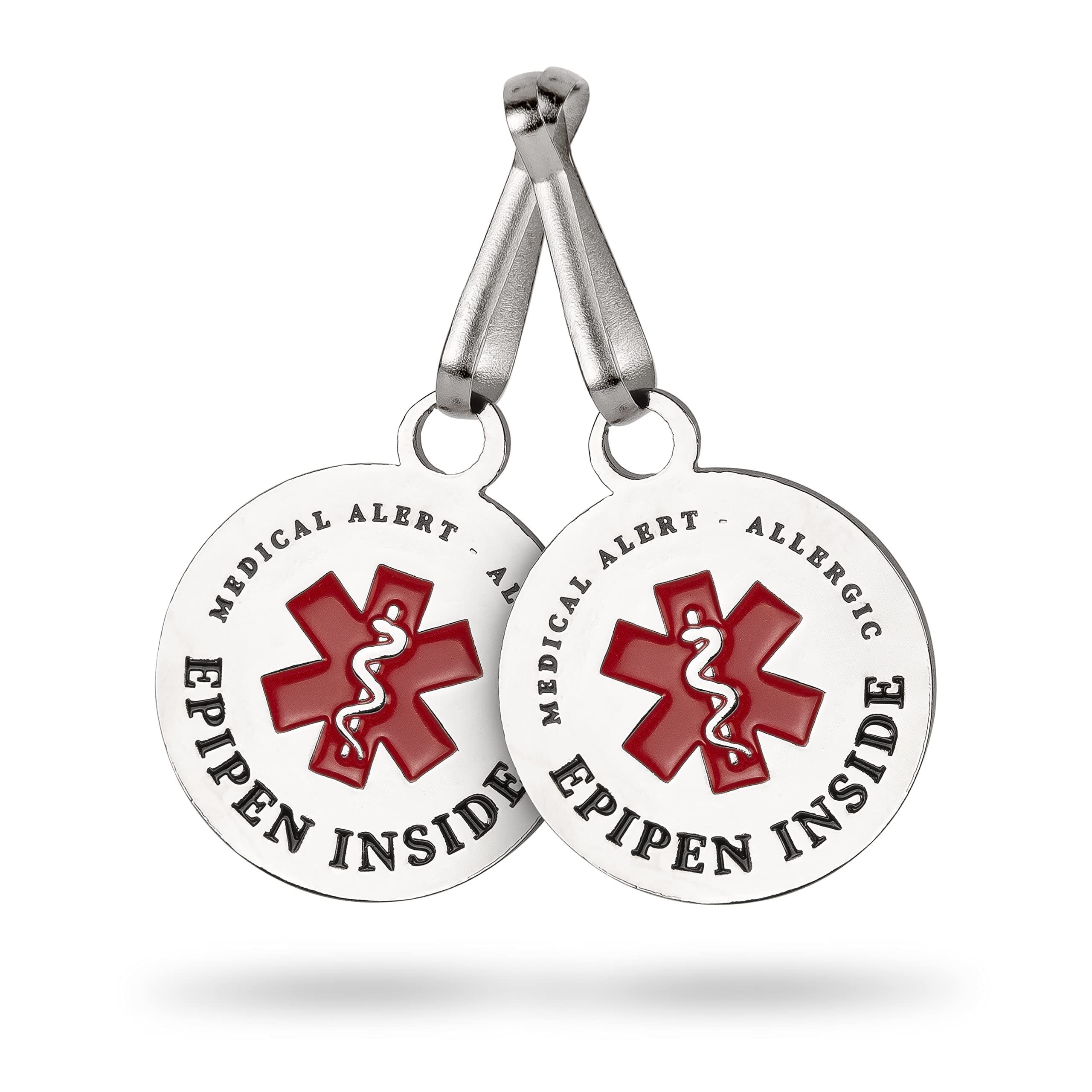 EpiPen Bag tag (2 Units) | Medical Alert tag for Bag| Durable, Double-Sided Metal Tags | 3cm / 1.25 inch Diameter | Clips onto Any Zipper