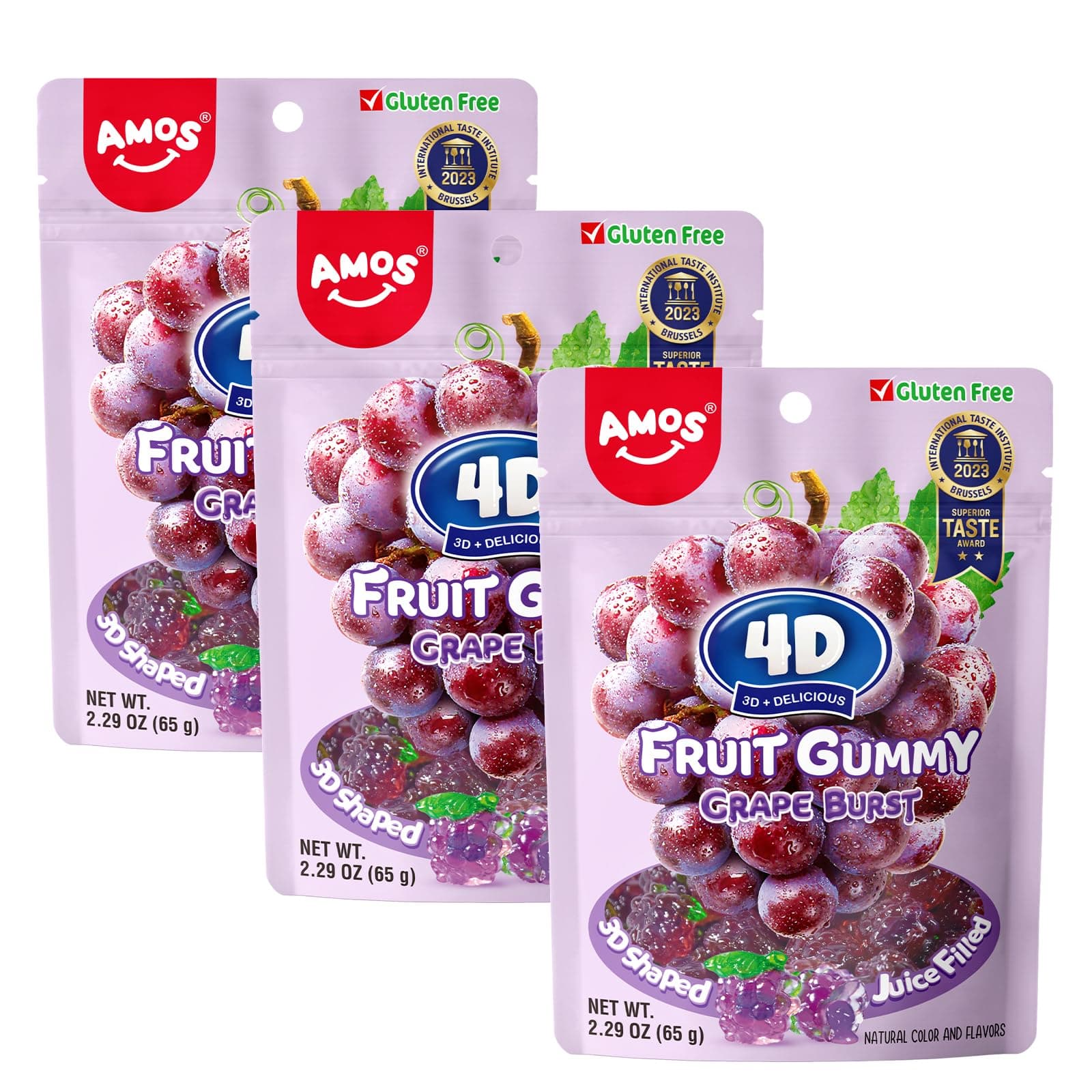 Amos 4D Gummy Sweets Fruit Gummy Grape Burst, Jelly-Filled Grape Candy, Natural Flavor - Resealable 2.29oz Bag (Pack of 3)
