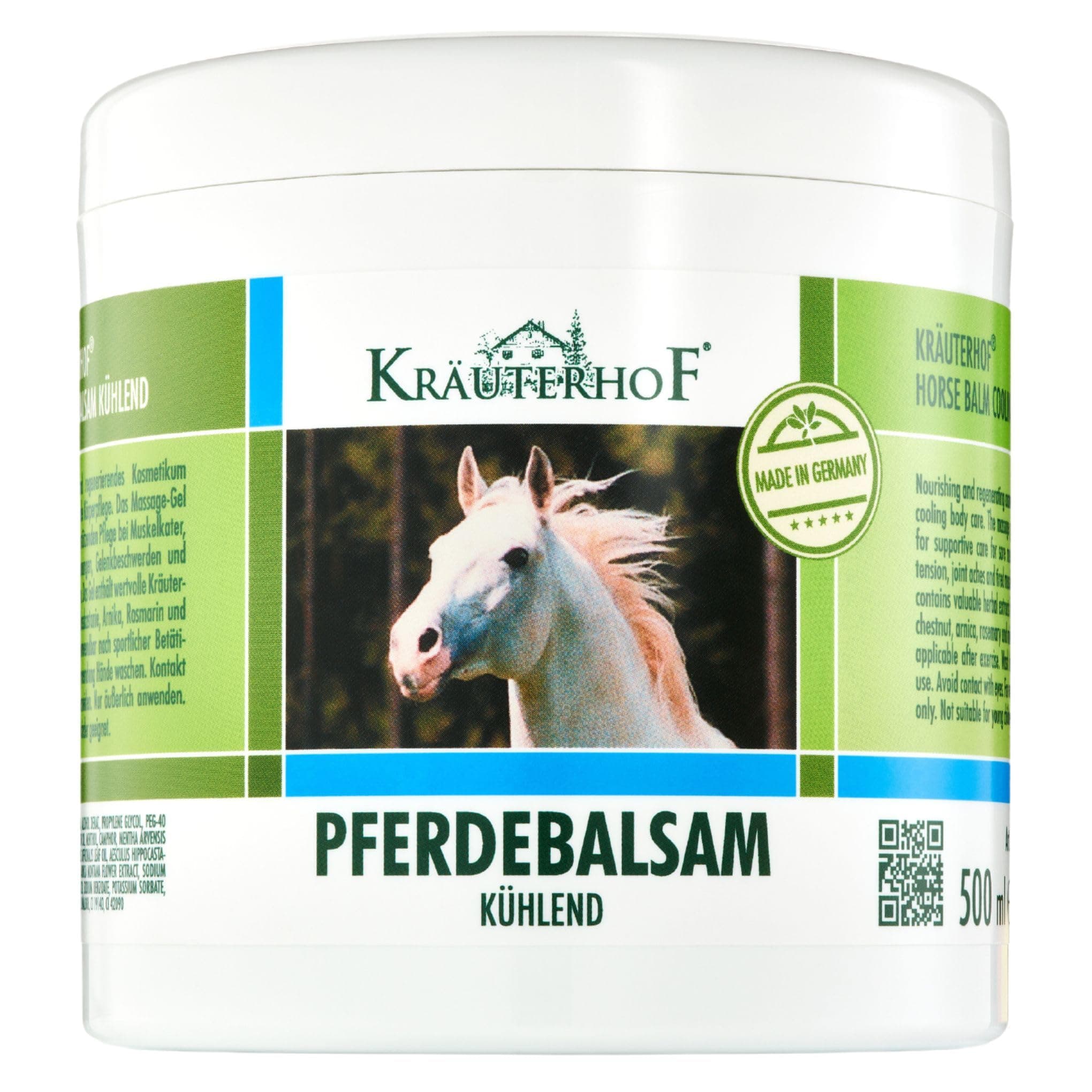 Kräuterhof Horse Balm Cools and Revitalises Precious Herbal Extracts from Horse Chestnut Arnica Rosemary and Mint Oil 500 ml Tub Sealed with Aluminum Foil