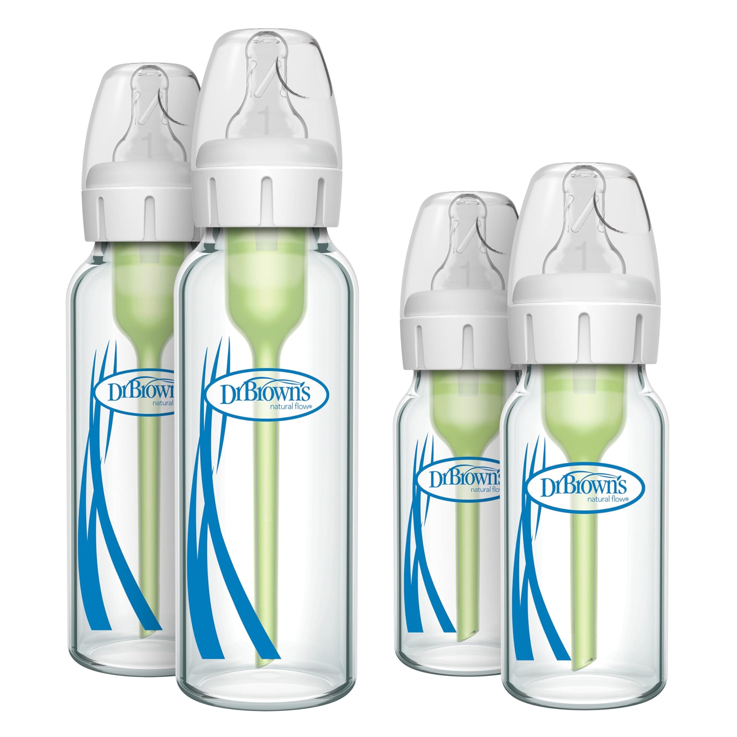 Natural Flow Anti-Colic Options+ Narrow Glass Baby Bottles, Made in The USA, BPA Free, 8oz and 4oz, 0m+, 4-Pack