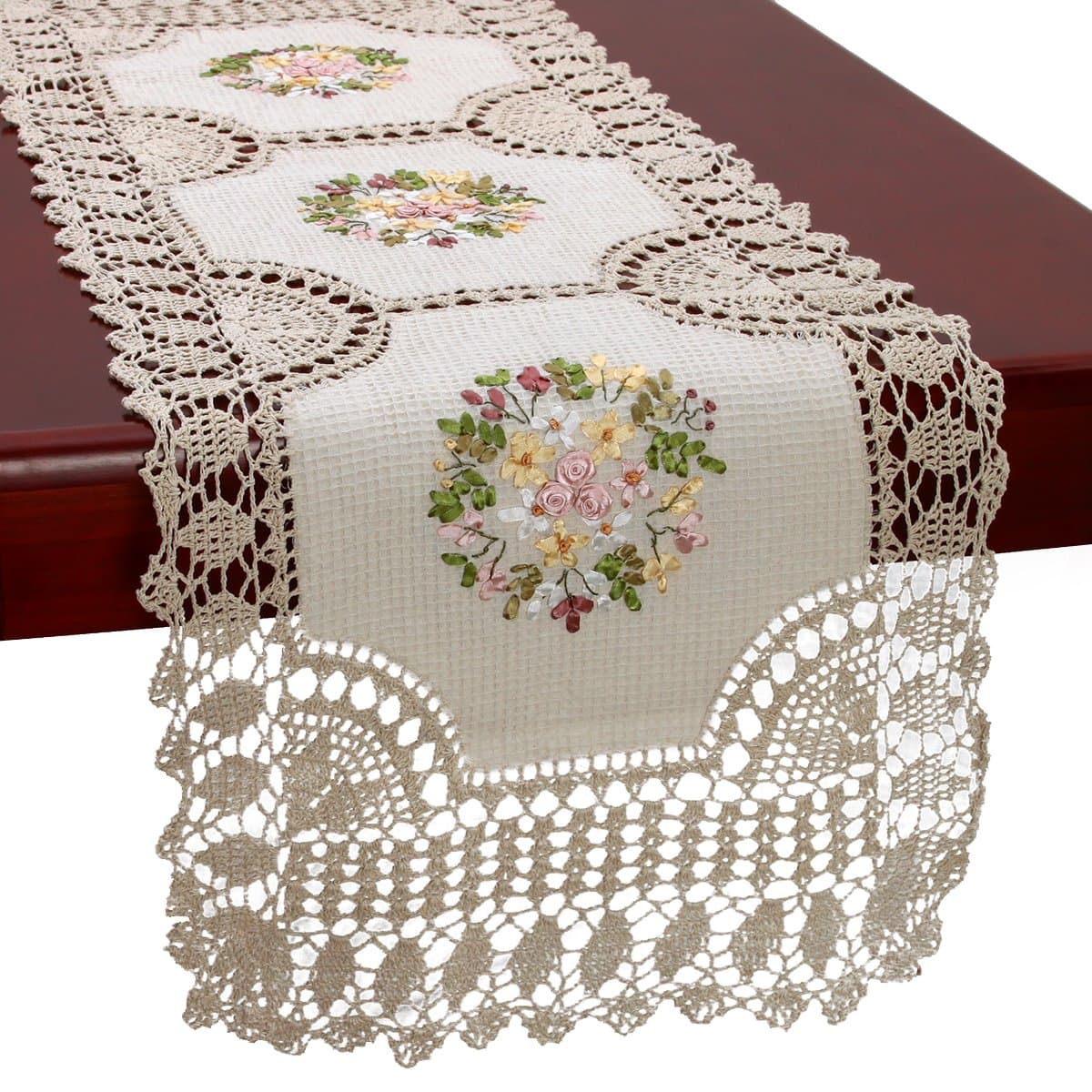 Grelucgo Small Handmade Crochet Cotton Lace Table Runner Dresser Scarf, Ribbon Embroidery (Rectangle 16 x 36 inch)