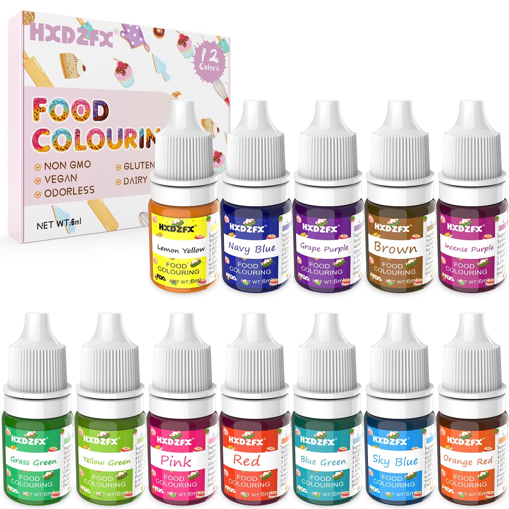 Food Colouring - 12 Colours x 6ml Food Dye Concentrated Liquid Cake Food Colouring Set