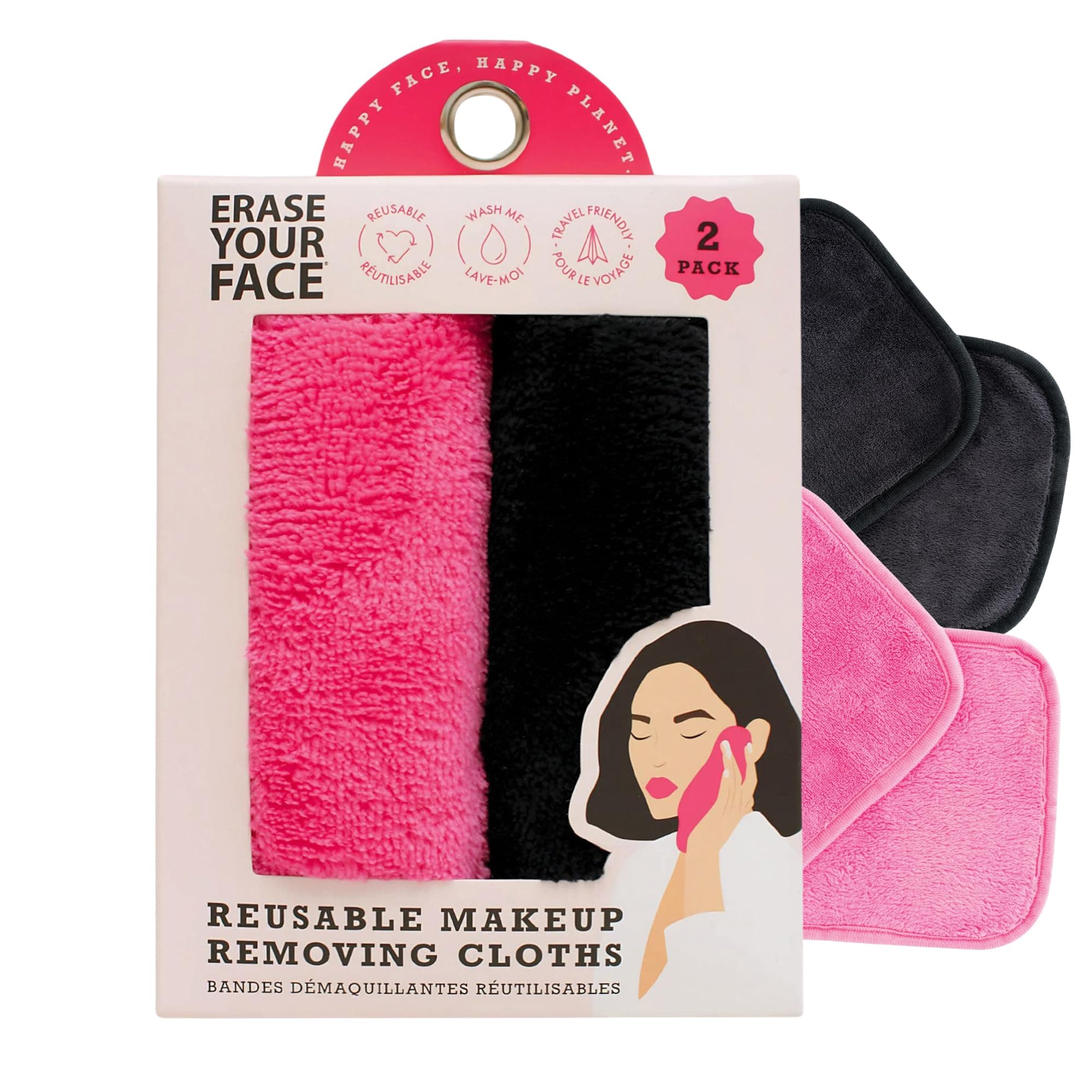 Reusable Makeup Remover Cloths - Microfiber Face Towels to Cleanse & Remove Makeup - Water Activated for Sensitive Skin - Pink & Black (2 Count)