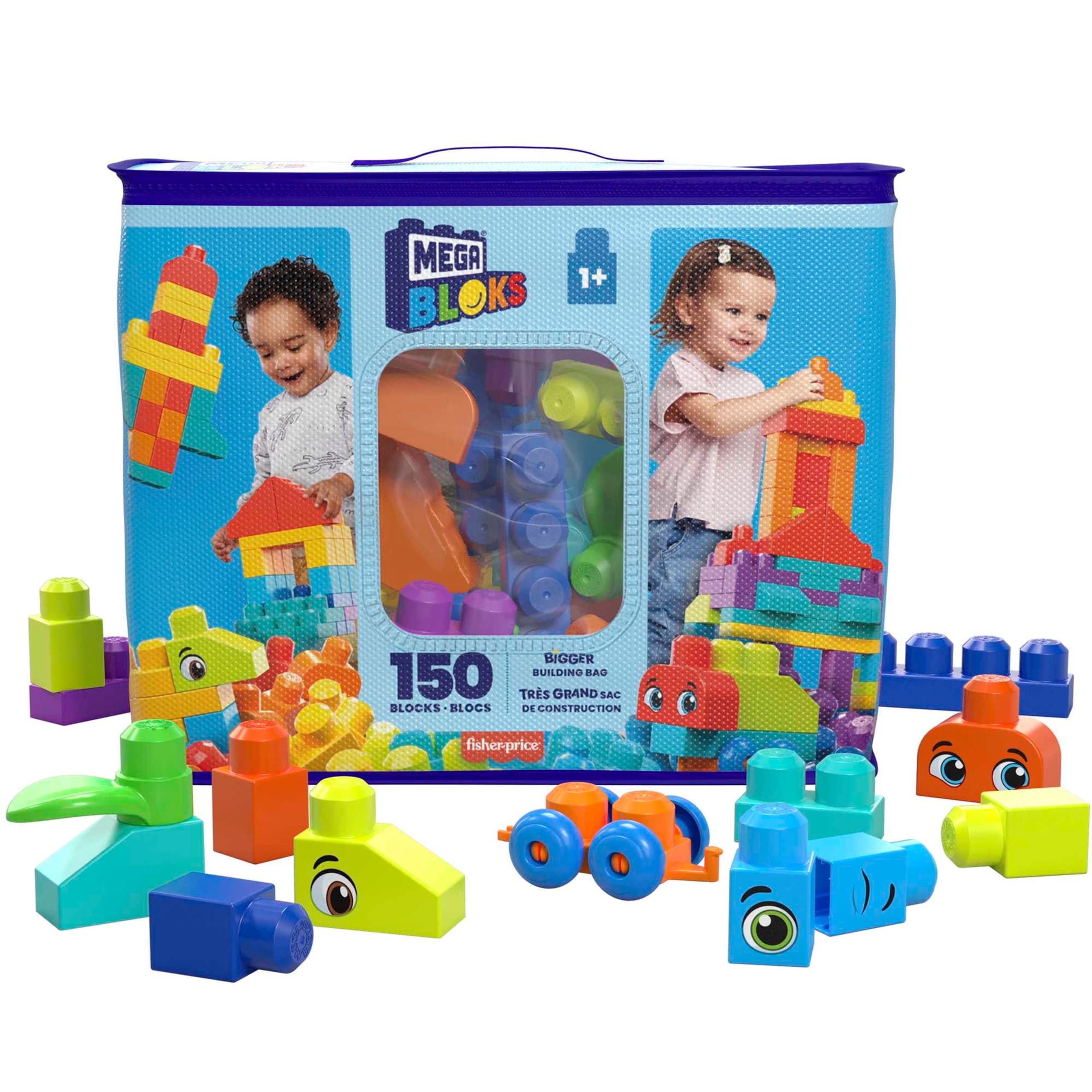 MEGA BLOKS Bigger Building Bag building set with 150 big and colorful building blocks, and 1 storage bag, toy gift set for ages 1 and up