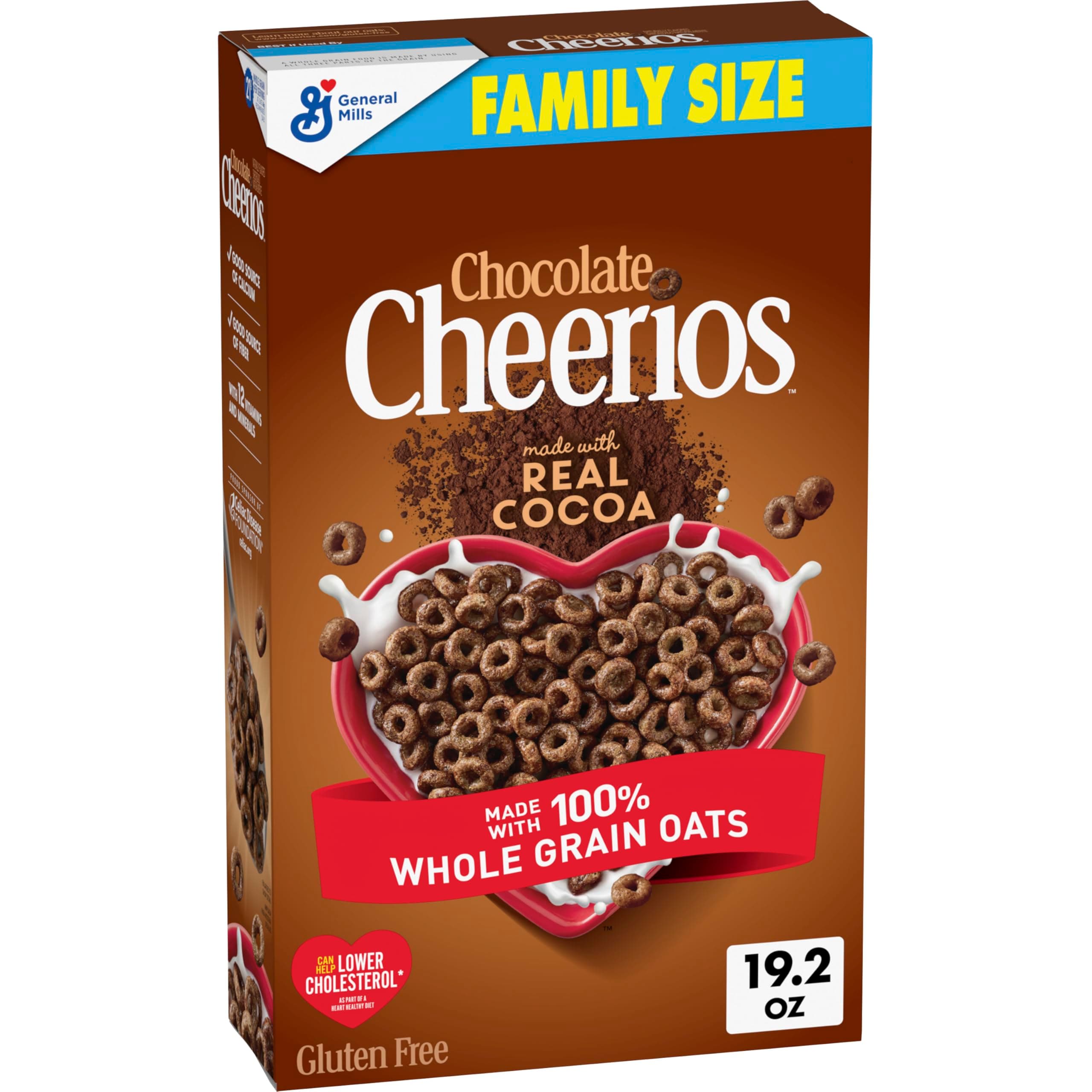 Chocolate Cheerios Cereal, Limited Edition Happy Heart Shapes, Heart Healthy Cereal with Whole Grain Oats, Family Size, 19.2 oz