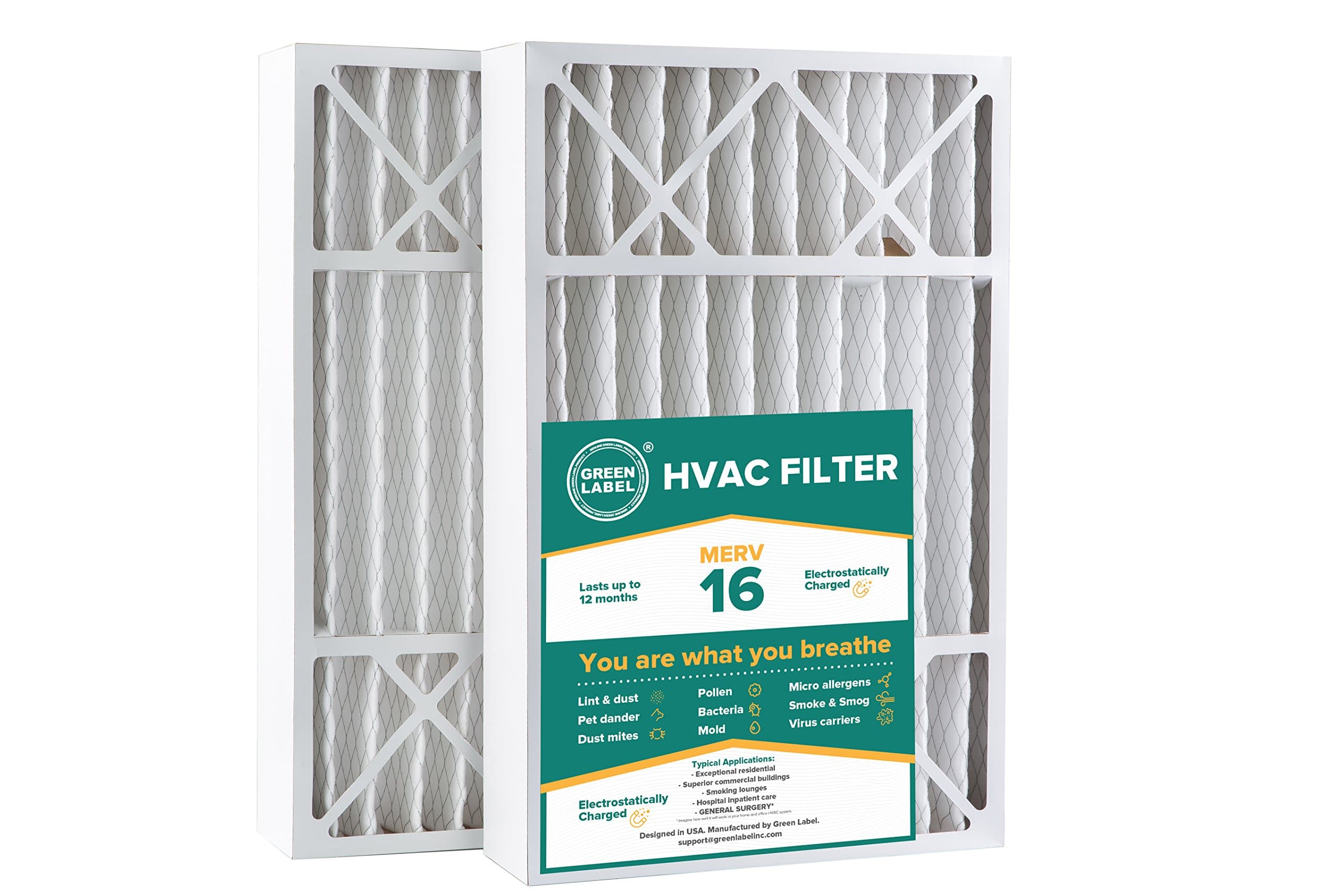 Green Label Brand HVAC Air Filter 16x25x5, AC Furnace Air Ultra Cleaning Filter MERV 16 - Pack of 2