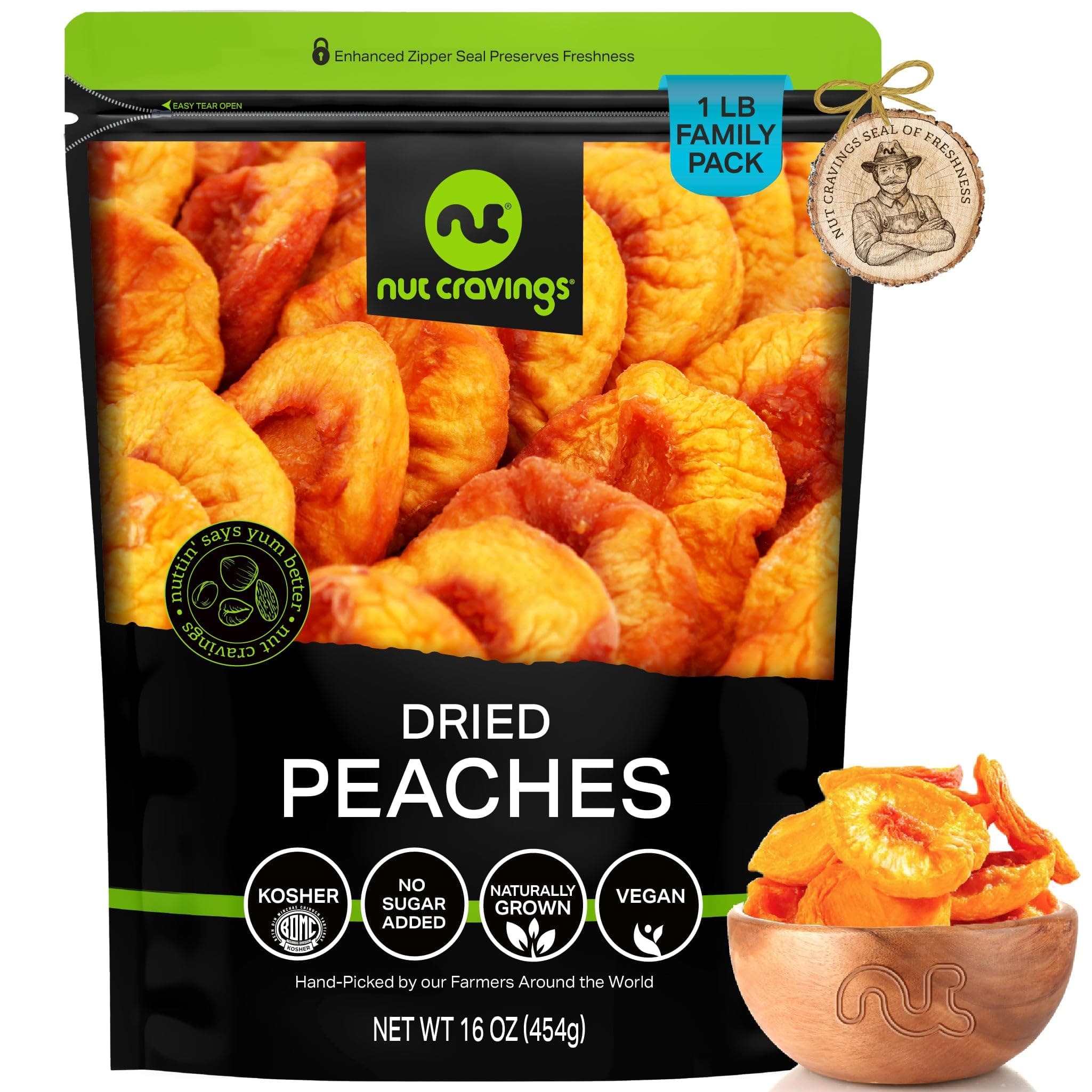 NUT CRAVINGS - Dried California Peaches, No Sugar Added, Unsweetened (453g / 16oz / 1 LB) Sweet Healthy Snack, Vegan, Kosher, Resealable Bag