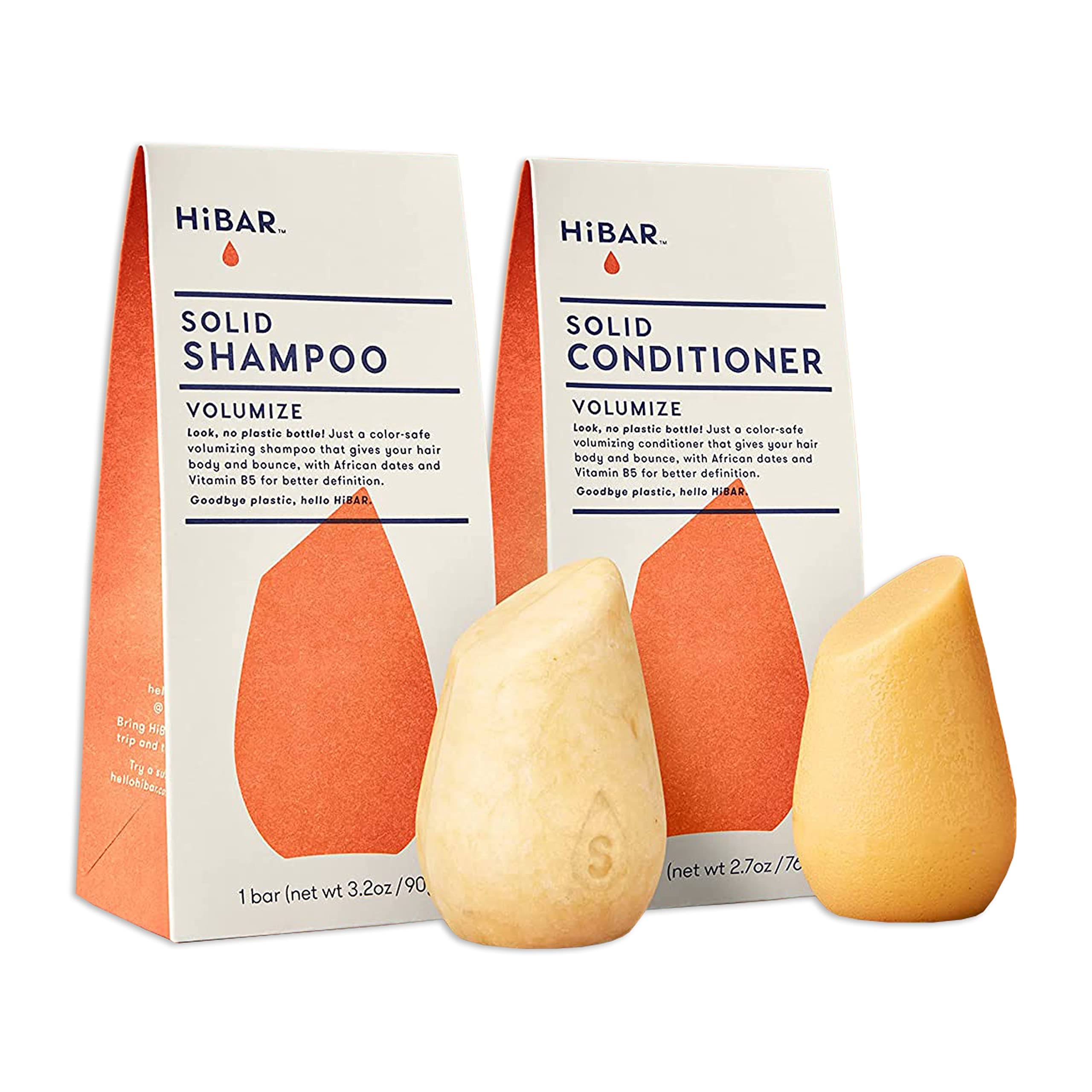 HiBAR - Volumize Shampoo & Conditioner Set - For Fine, Flat Hair - Add Body, Definition & Volume - African Dates & Vitamin B5 - Plastic, Soap, Paraben & Sulfate-Free - Color Safe & Vegan -2 Solid Bars