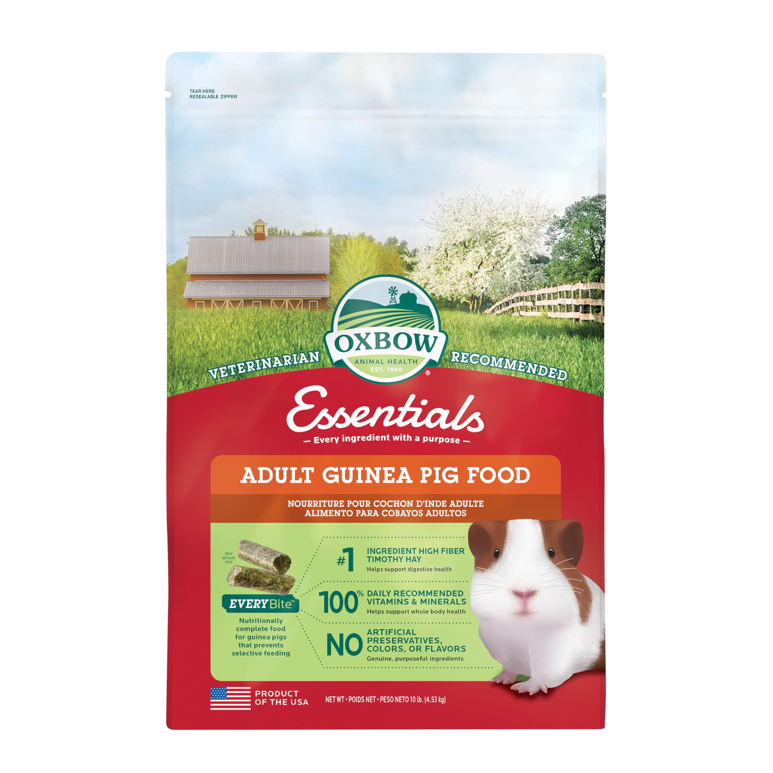 Essentials Guinea Pig Food, Adult Guinea Pig, Made with Oxbow Timothy Hay, Pet Food Pellets with Vitamin C, Small Animal Pet Products, Made in USA, High Fiber, 10 lb. bag