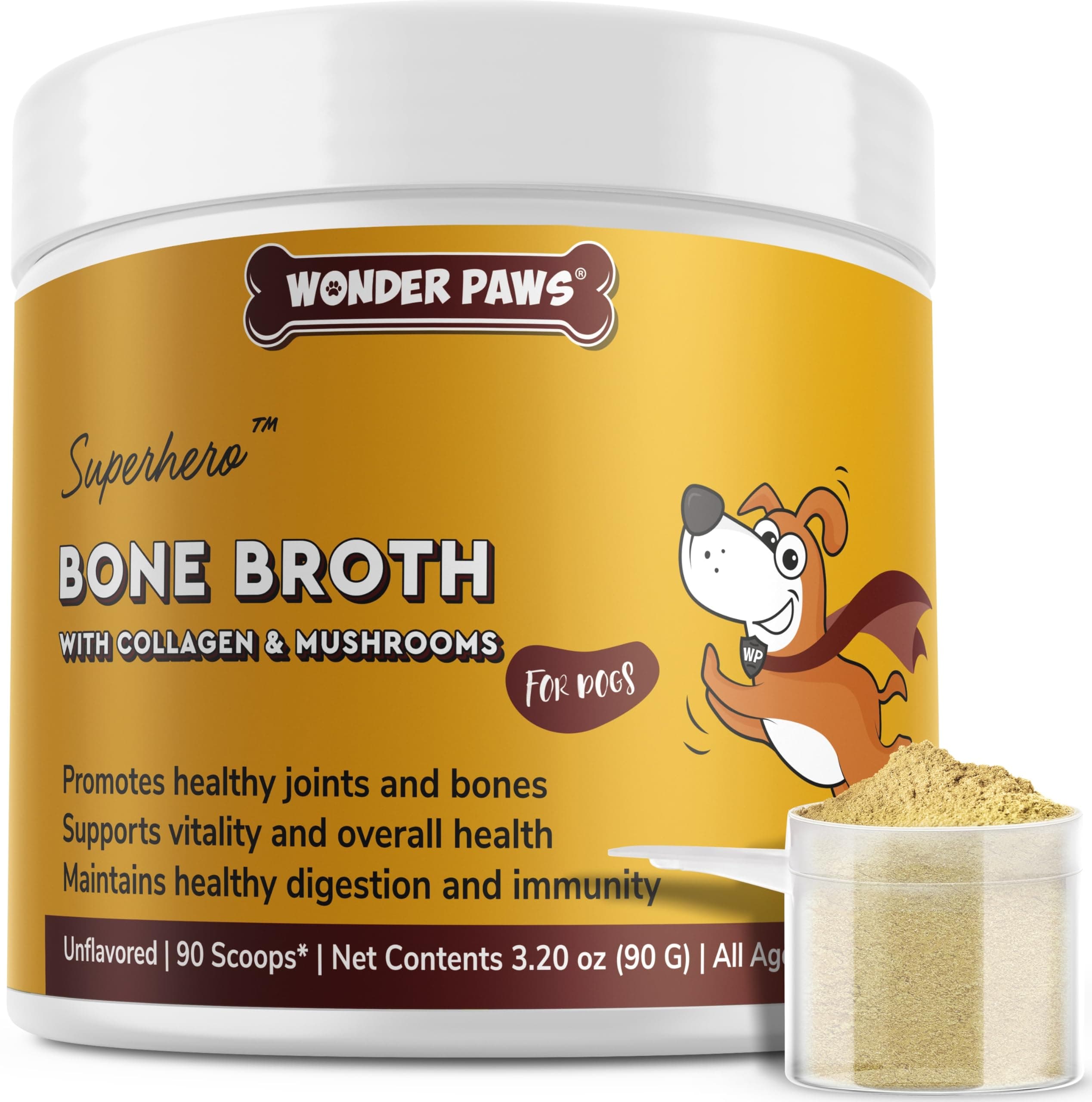 Wonder Paws Bone Broth for Dogs – Bone Broth Powder with Organic Mushrooms & Collagen for Digestion, Immunity & Joint Support – Tasty Beef Supplement for Dogs of All Ages, Sizes & Breeds – 3.20 oz