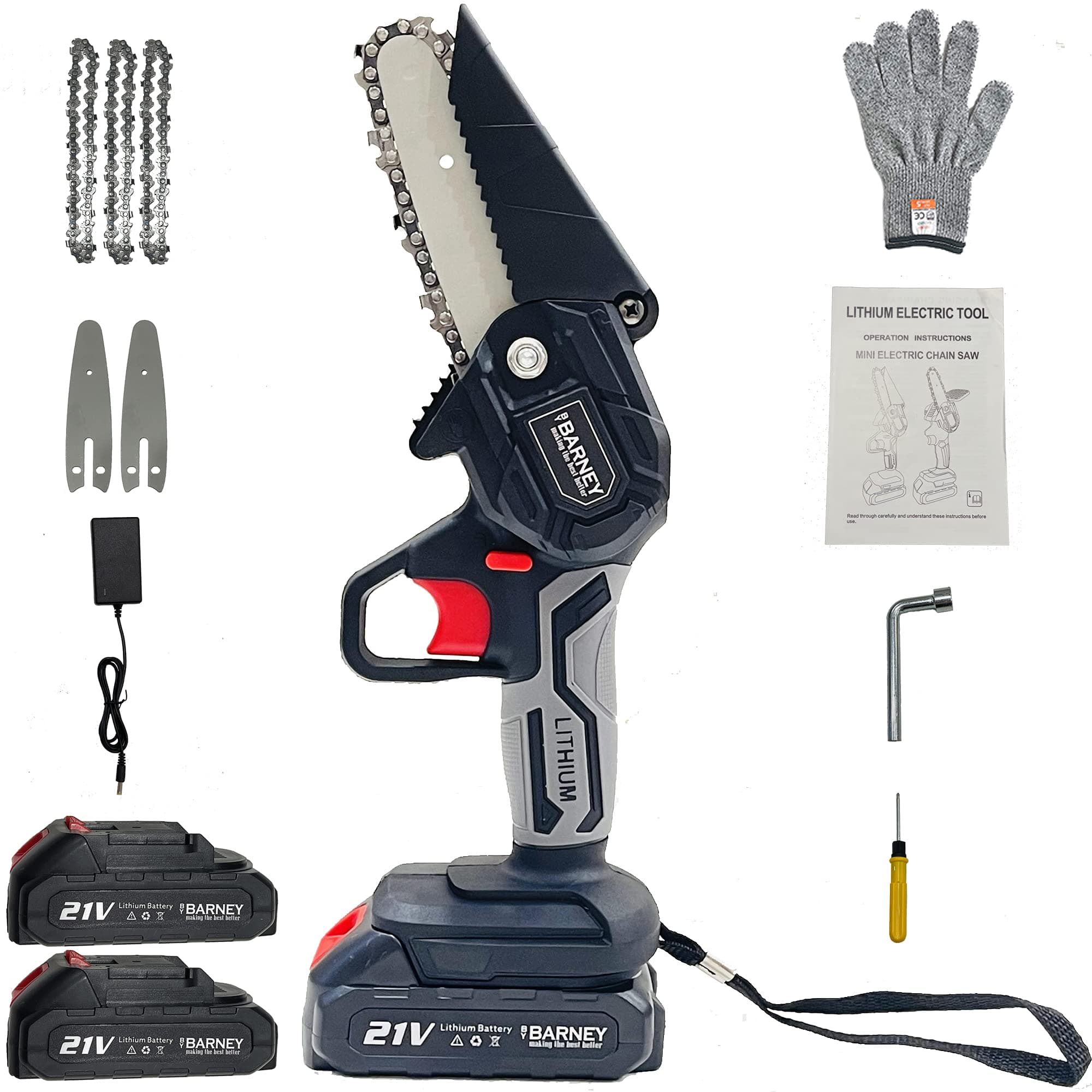 Mini Chainsaw (Black)-Electric Powered Cordless Hand-held Small lightweight Portable 4 Inch Pruning Chain Saw: for Cutting Wood Logging Trees with 3 Chains, 2 Rechargeable Lithium Batteries