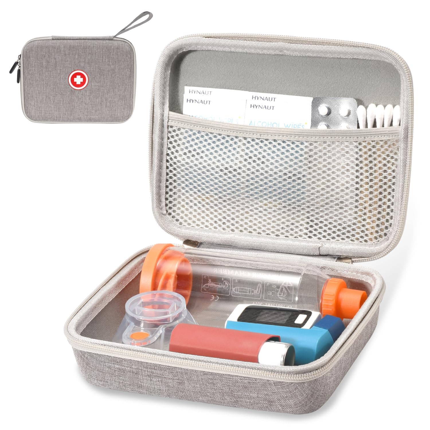 Fukumi Hard Travel Case for Asthma Inhaler and Accessories - Mesh Pocket, For Kids and Adults, Grey